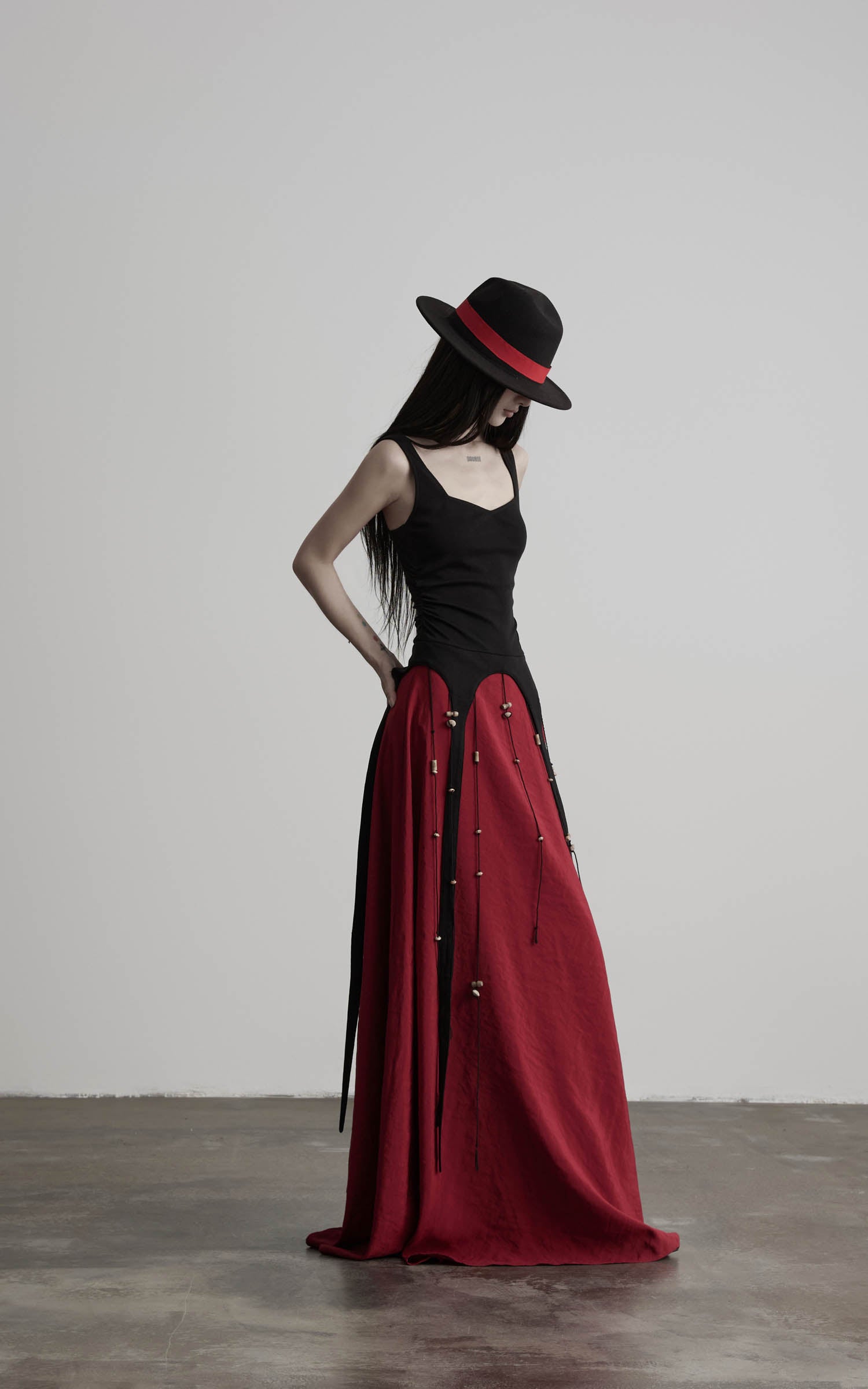 DOINDULGE Crimson Ritual Panel Maxi Dress Contrast Corset Silhouette Beaded Gown