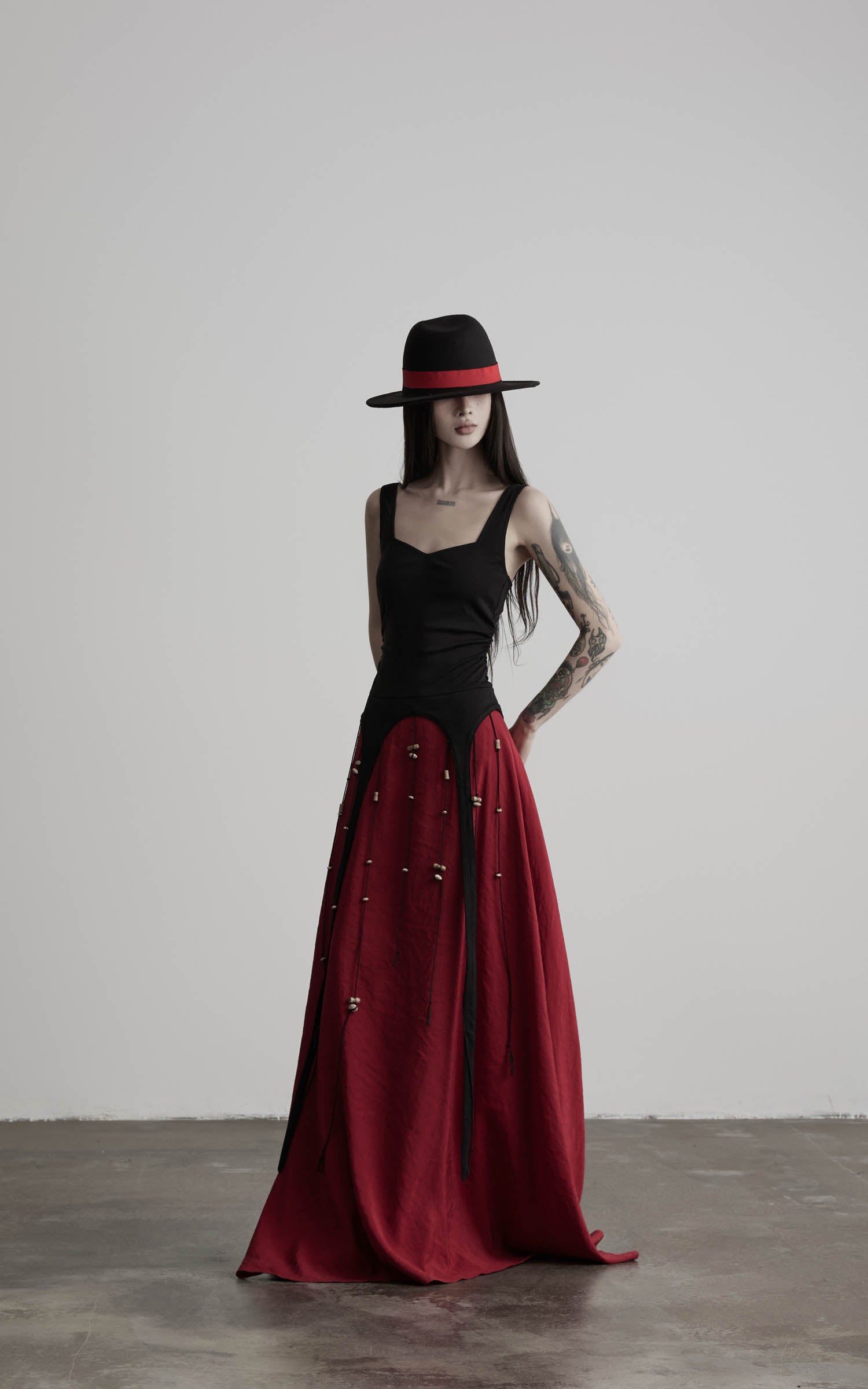 DOINDULGE Crimson Ritual Panel Maxi Dress Contrast Corset Silhouette Beaded Gown