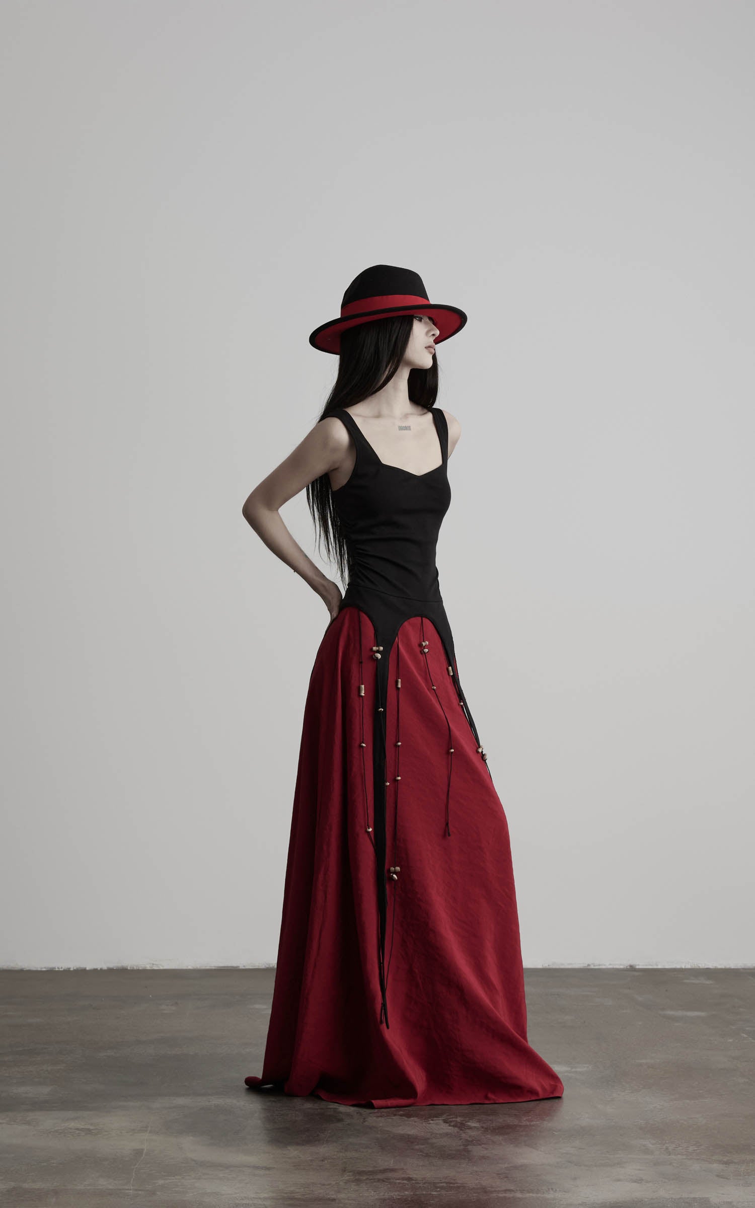DOINDULGE Crimson Ritual Panel Maxi Dress Contrast Corset Silhouette Beaded Gown