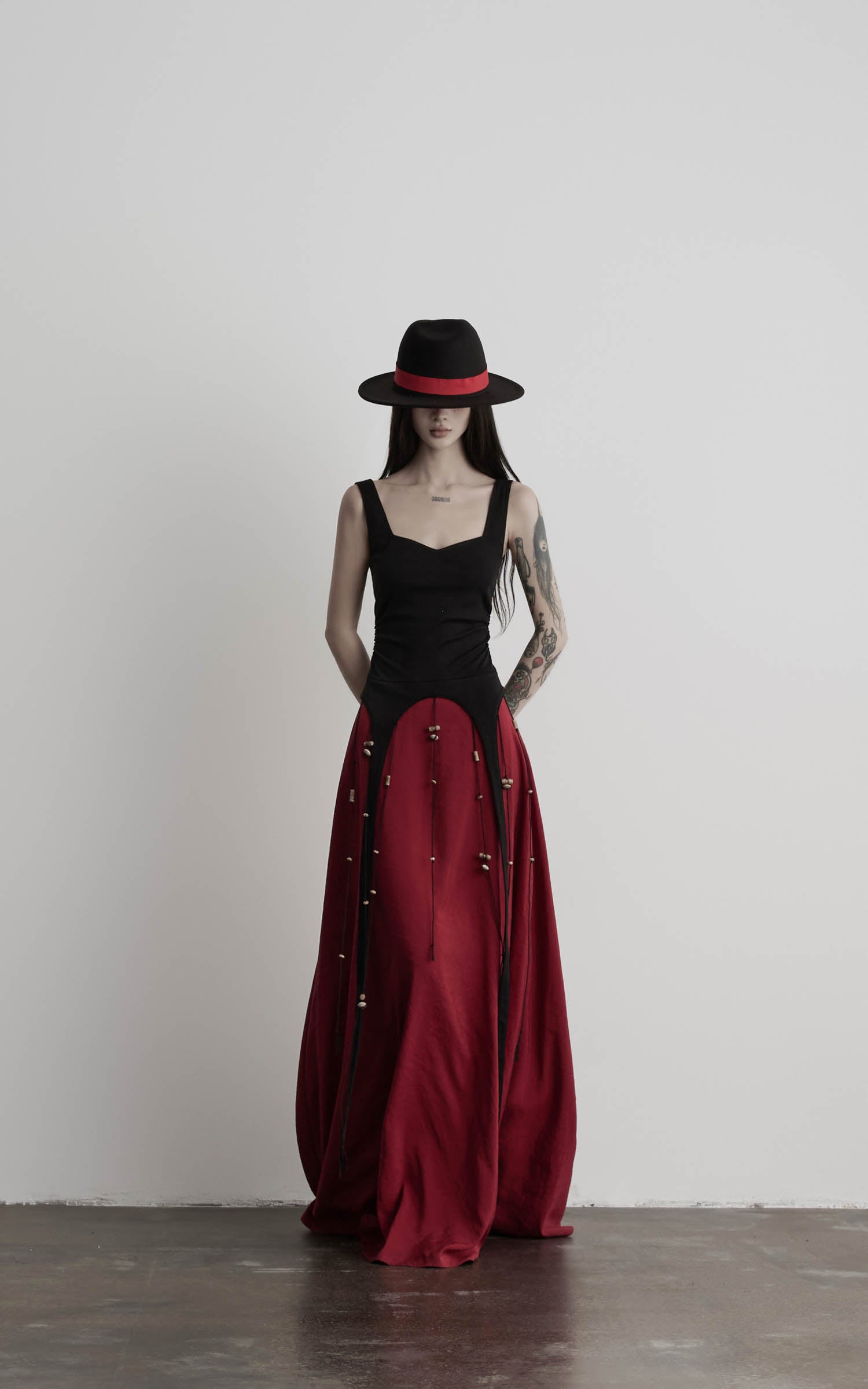 DOINDULGE Crimson Ritual Panel Maxi Dress Contrast Corset Silhouette Beaded Gown