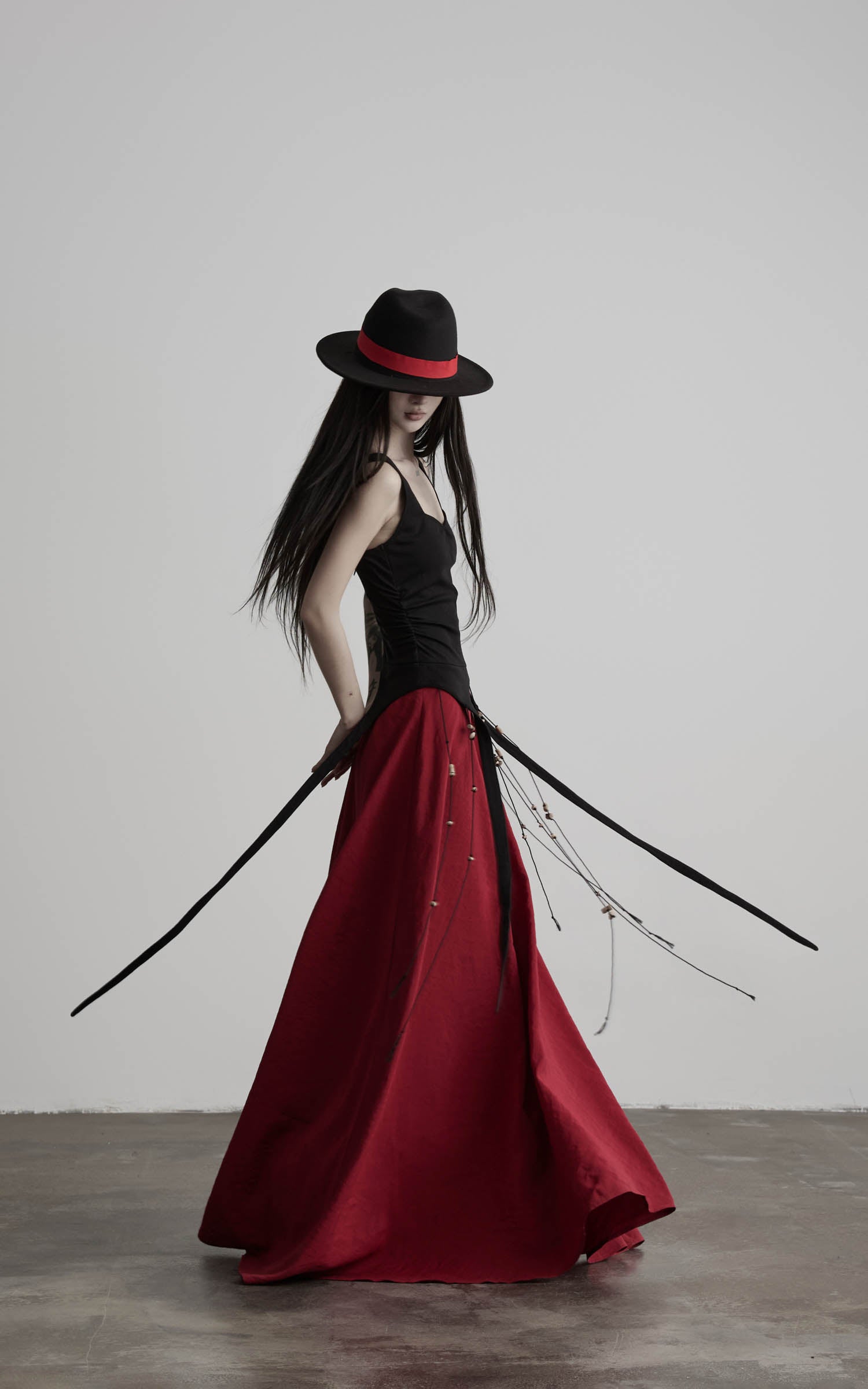 DOINDULGE Crimson Ritual Panel Maxi Dress Contrast Corset Silhouette Beaded Gown