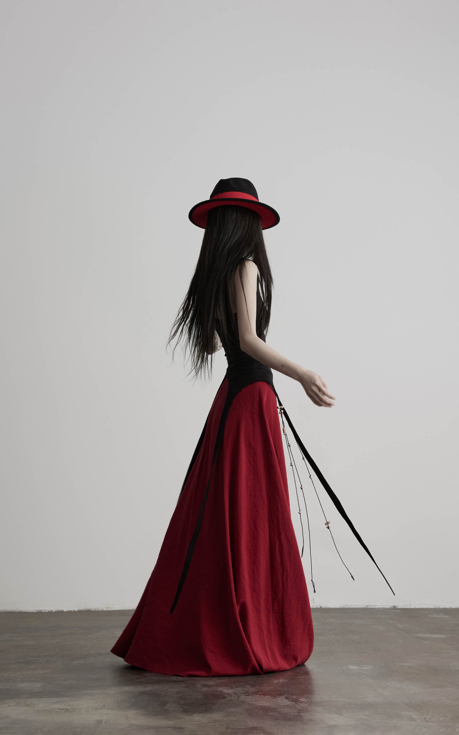 DOINDULGE Crimson Ritual Panel Maxi Dress Contrast Corset Silhouette Beaded Gown