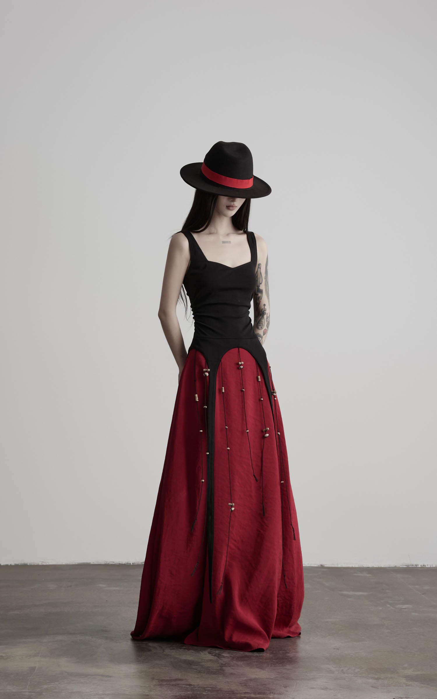 DOINDULGE Crimson Ritual Panel Maxi Dress Contrast Corset Silhouette Beaded Gown