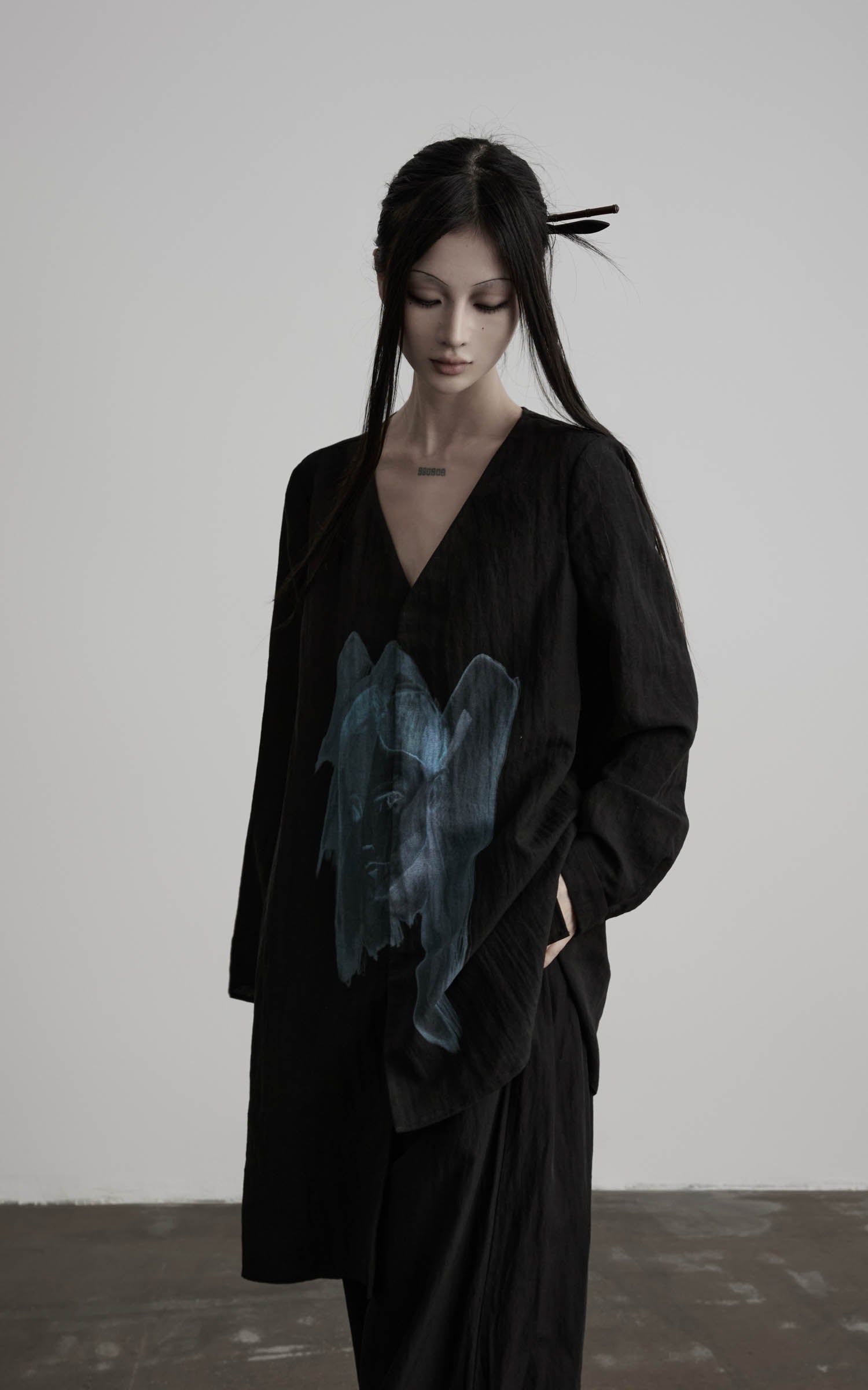 DOINDULGE Asymmetric V-Neck Printed Shirt