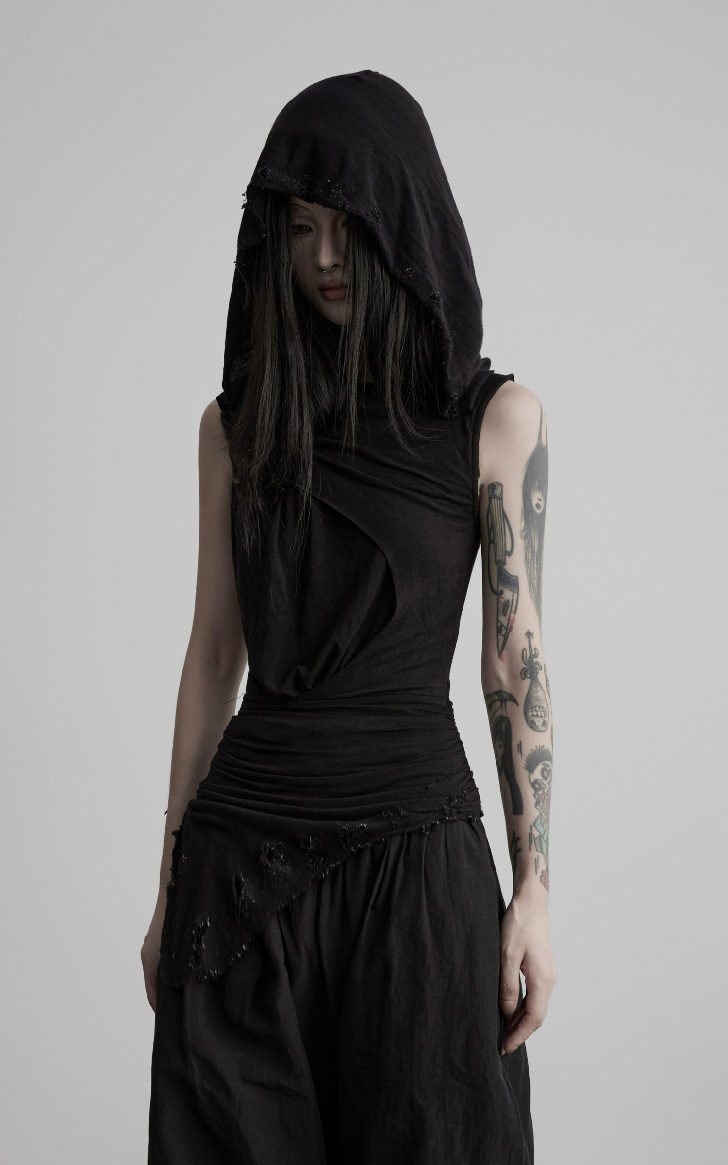 DOINDULGE Hooded Draped Sleeveless Knit Top