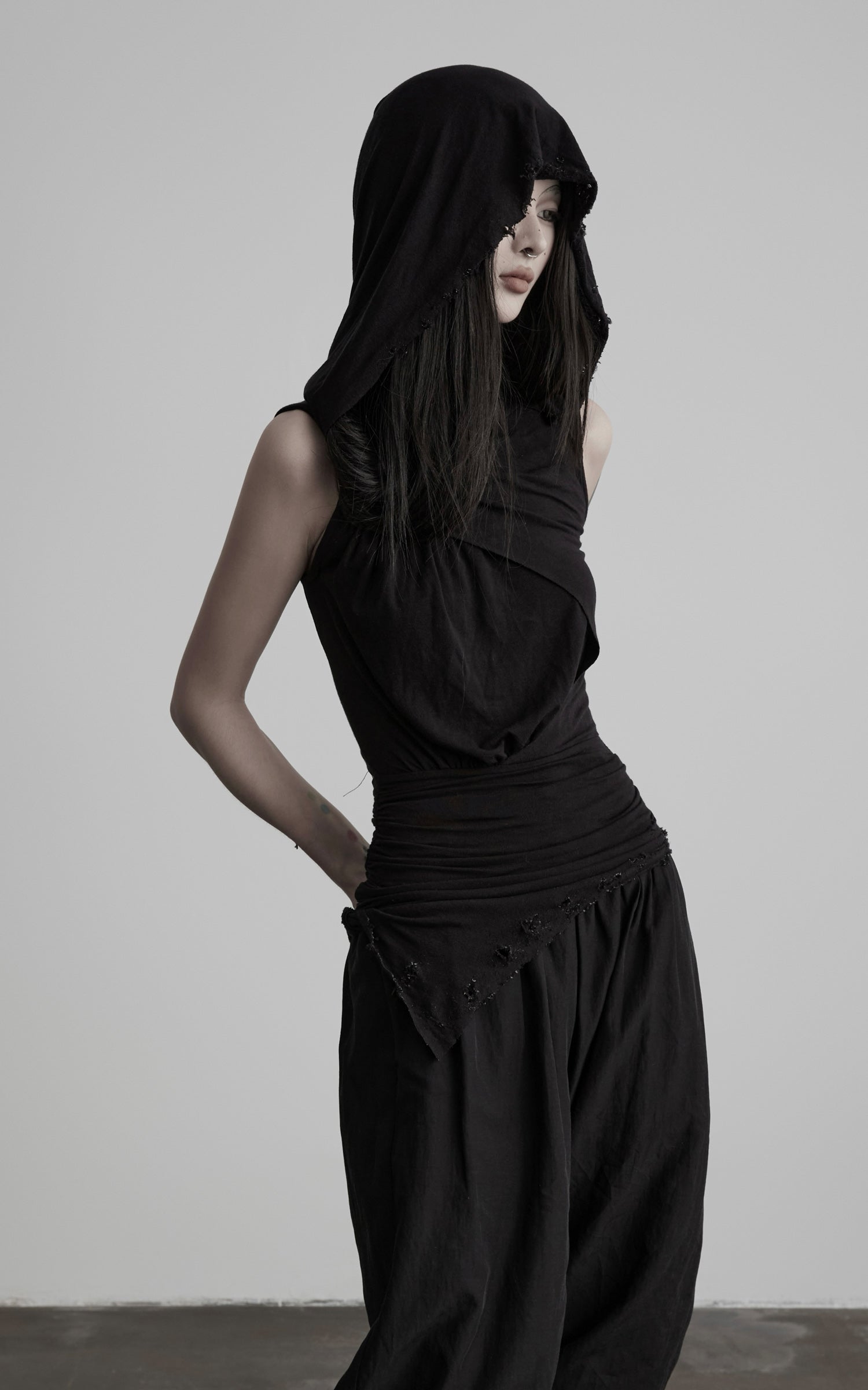 DOINDULGE Hooded Draped Sleeveless Knit Top