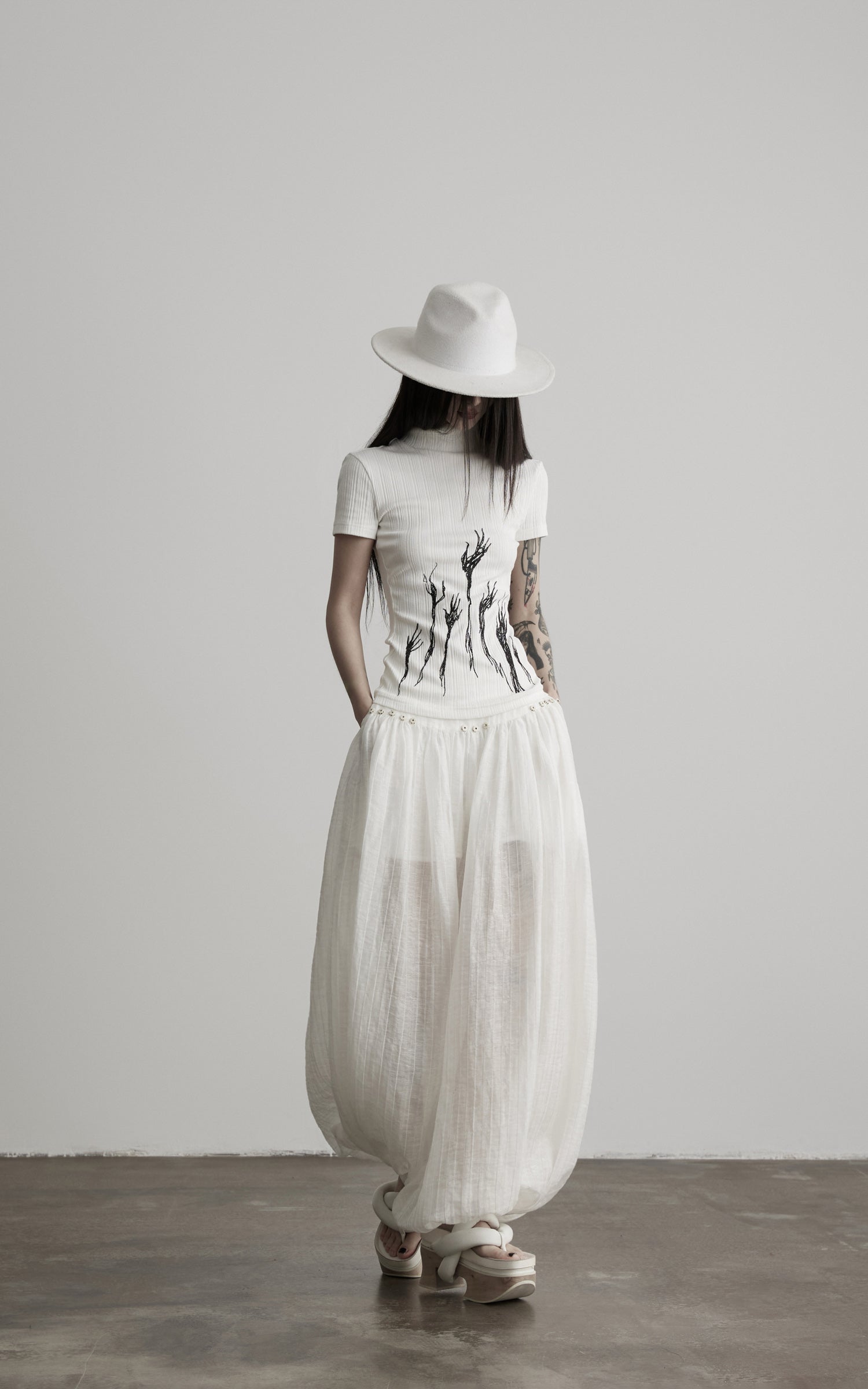 DOINDULGE Low-Rise Sheer Gathered Wide-Leg Pants