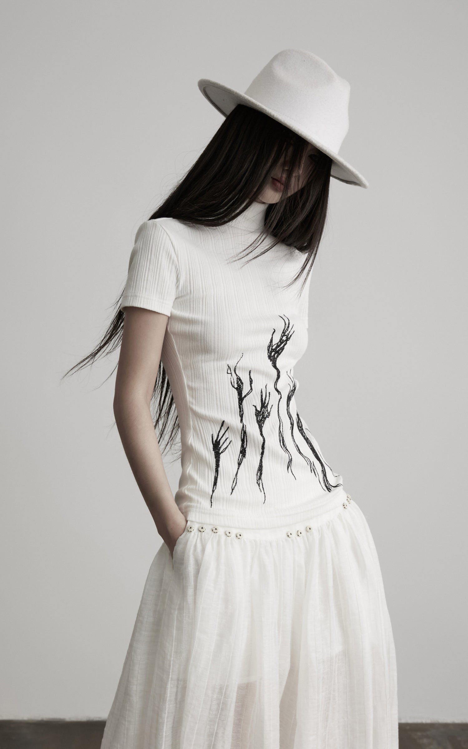 DOINDULGE Half Mock Neck Embroidered Ribbed Knit Top
