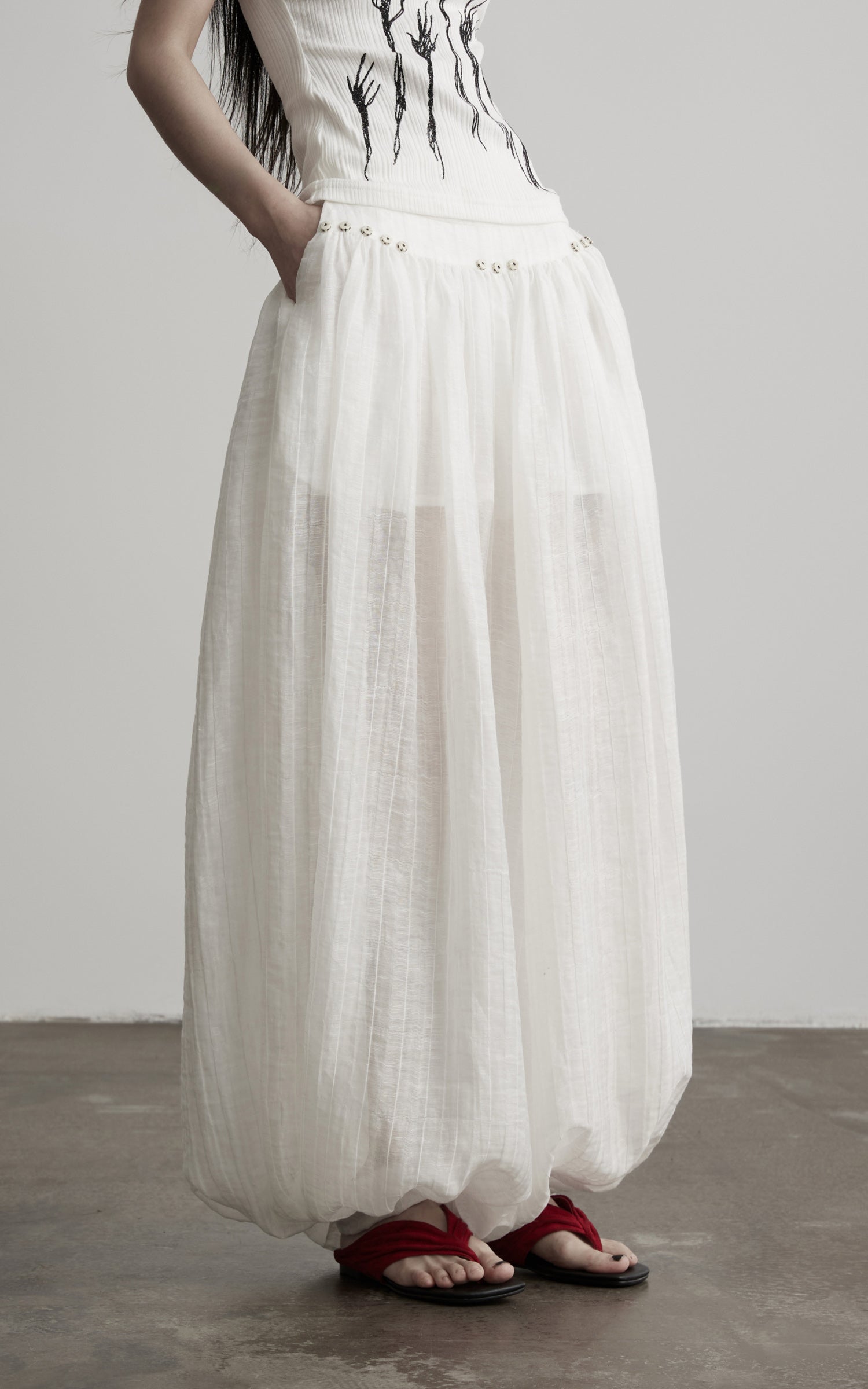 DOINDULGE Low-Rise Sheer Gathered Wide-Leg Pants