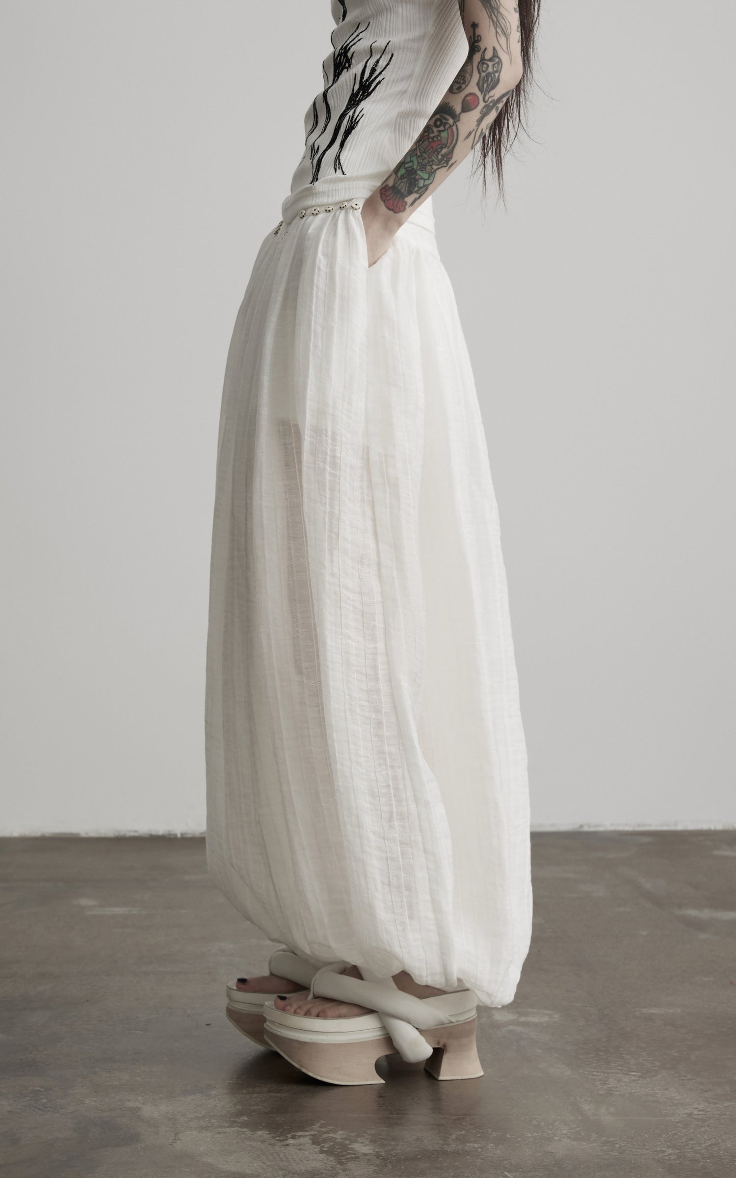 DOINDULGE Low-Rise Sheer Gathered Wide-Leg Pants
