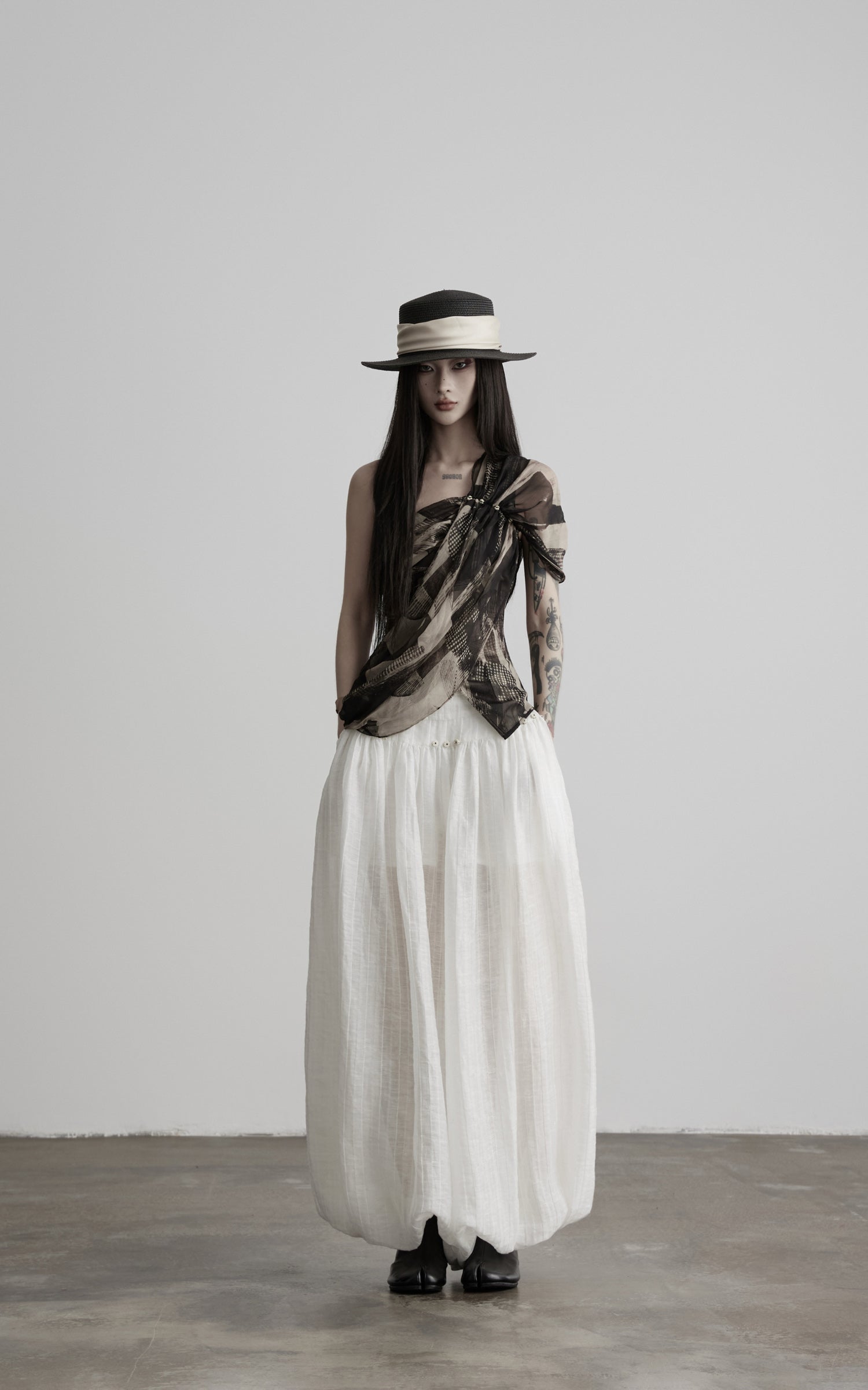 DOINDULGE Low-Rise Sheer Gathered Wide-Leg Pants