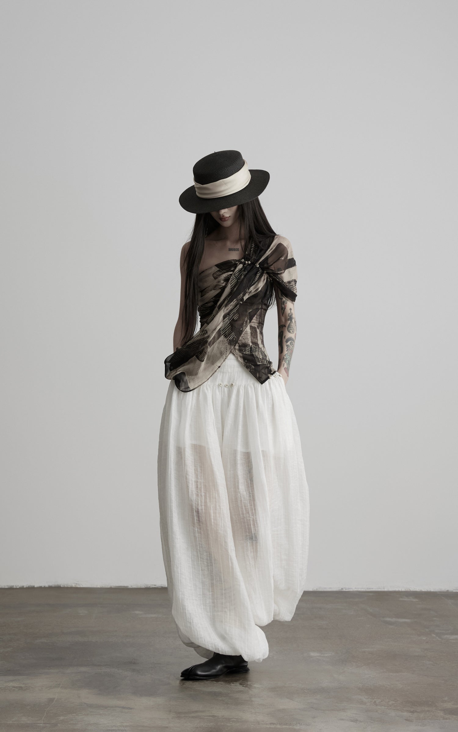 DOINDULGE Low-Rise Sheer Gathered Wide-Leg Pants