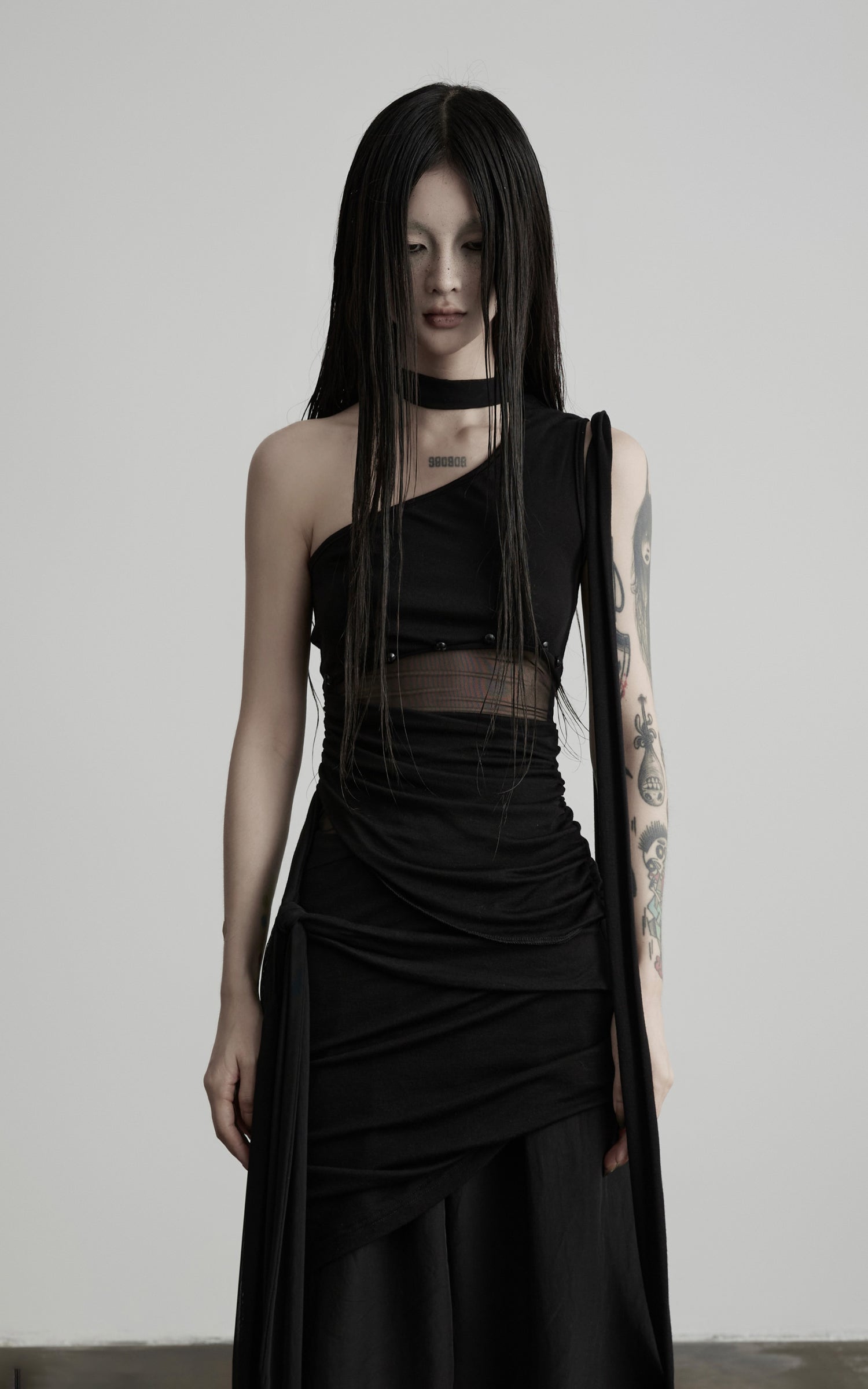 DOINDULGE One-Shoulder Sheer Draped Mini Dress