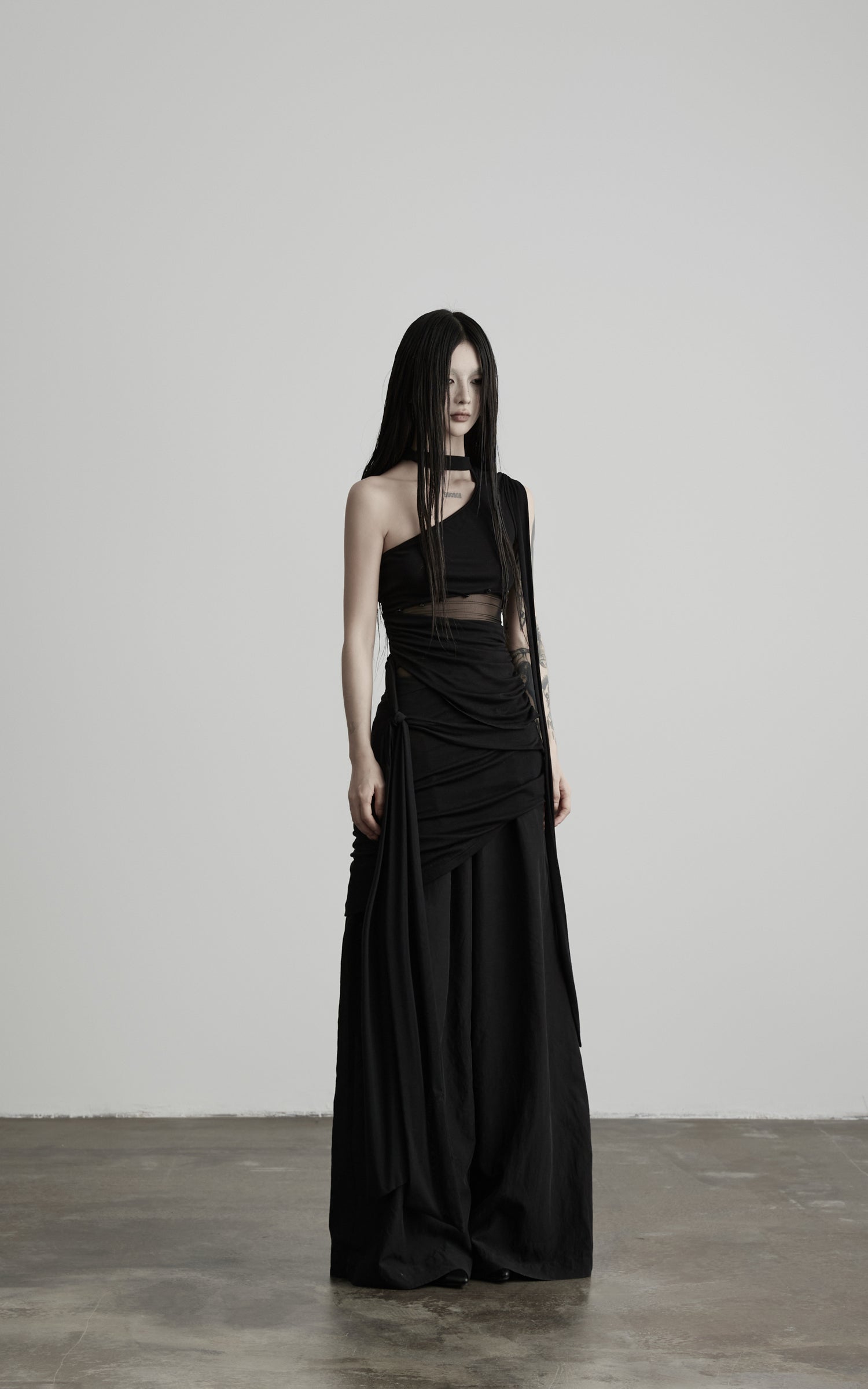 DOINDULGE One-Shoulder Sheer Draped Mini Dress