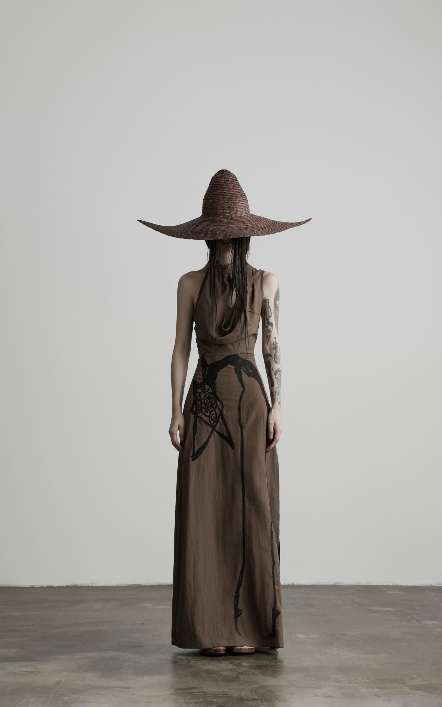 DOINDULGE Halter Cowl Neck Embroidered Maxi Dress