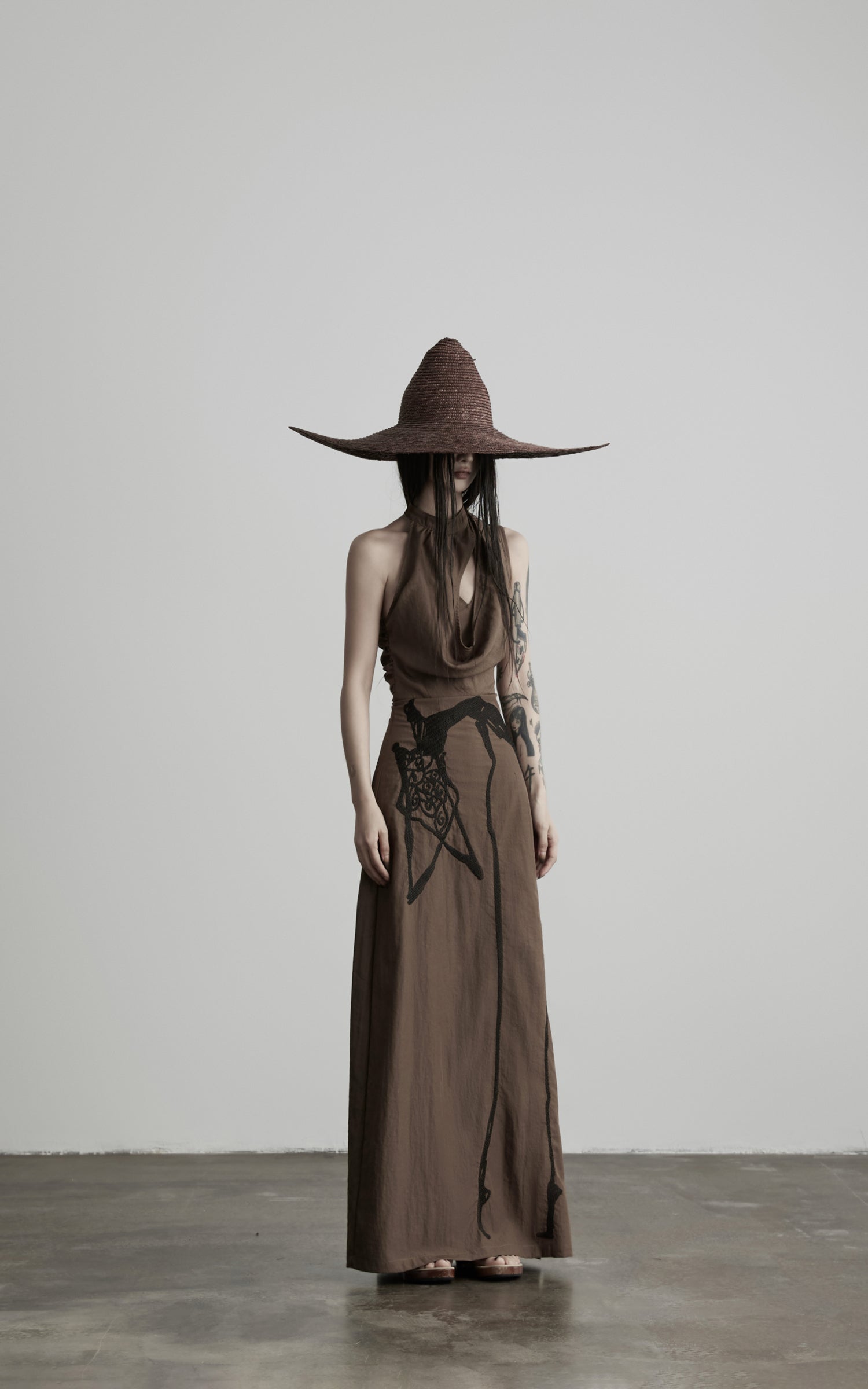 DOINDULGE Halter Cowl Neck Embroidered Maxi Dress