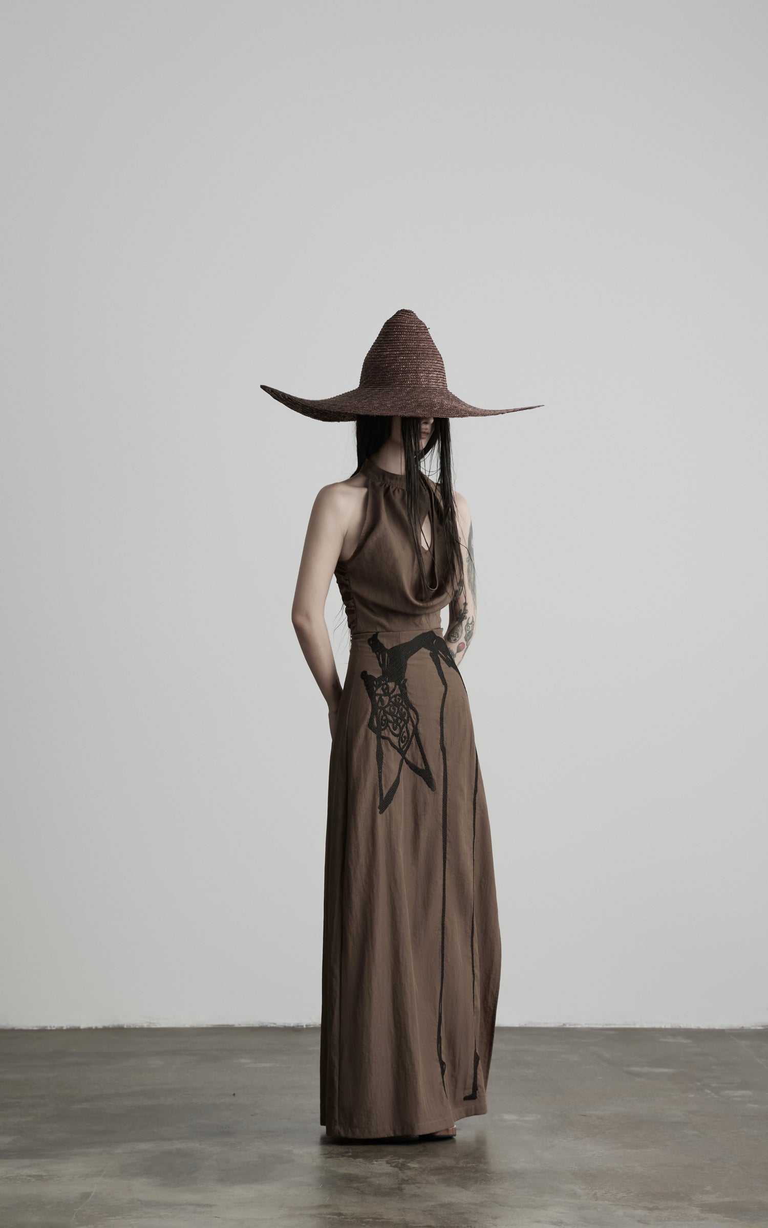 DOINDULGE Halter Cowl Neck Embroidered Maxi Dress