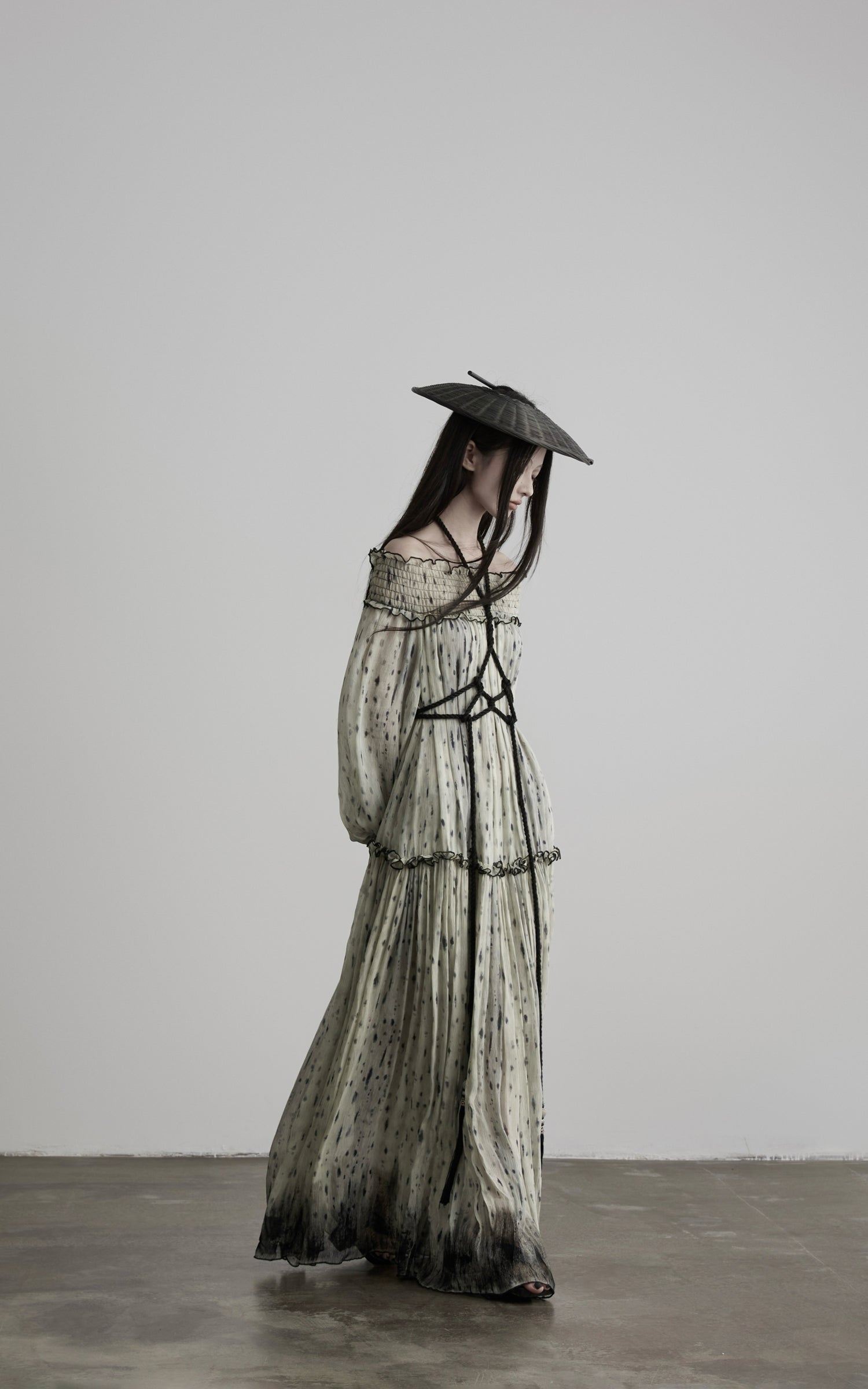 DOINDULGE Off-Shoulder Shirred Ruffle Maxi Dress