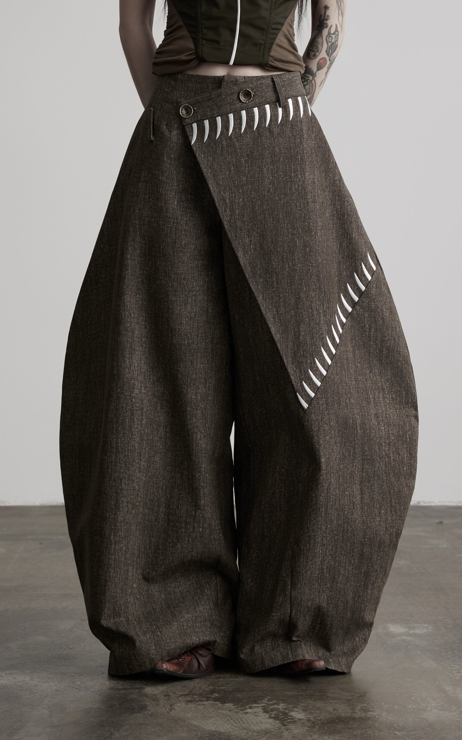 DOINDULGE Asymmetric Overlay Embroidered Wide Leg Pants