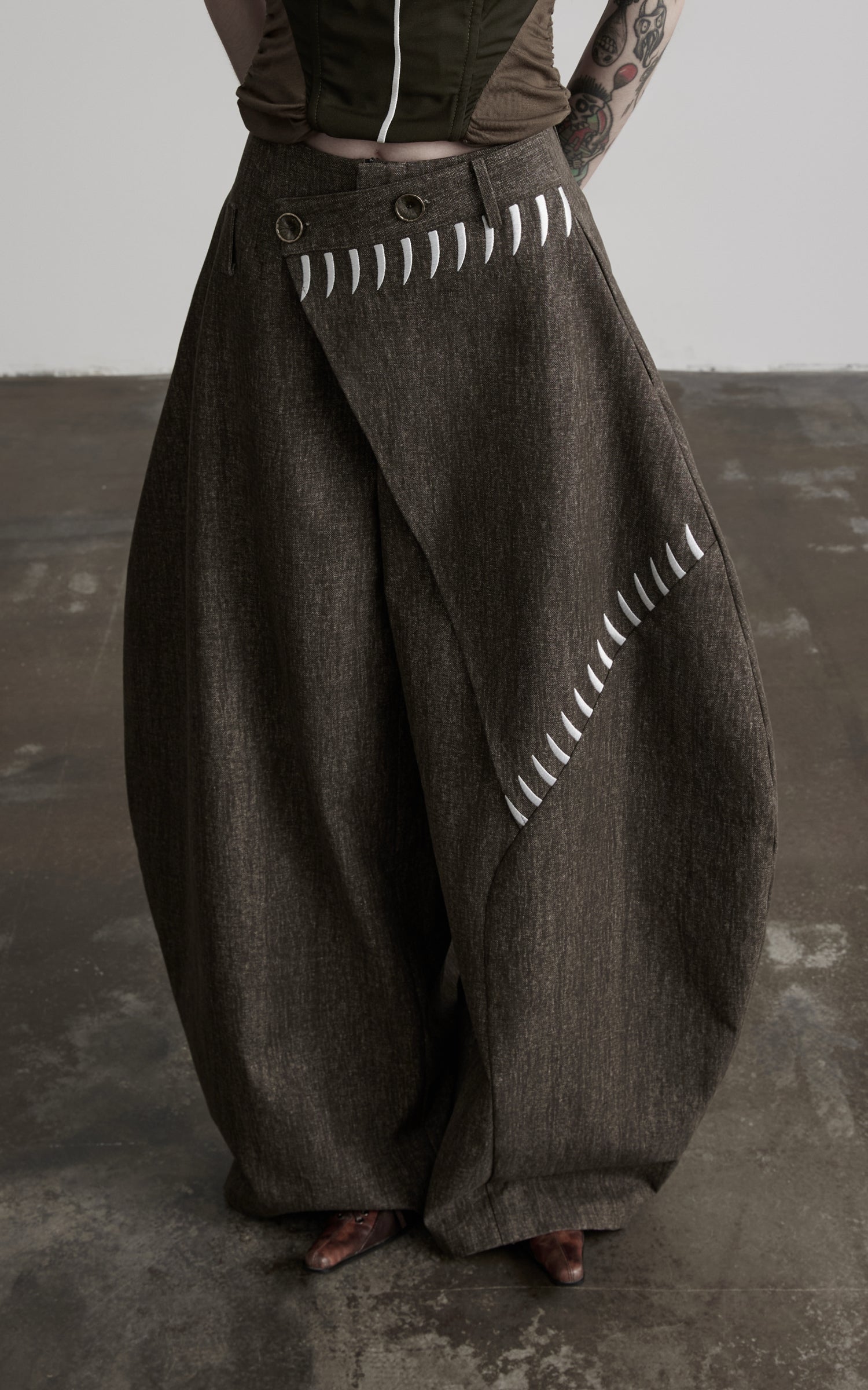 DOINDULGE Asymmetric Overlay Embroidered Wide Leg Pants