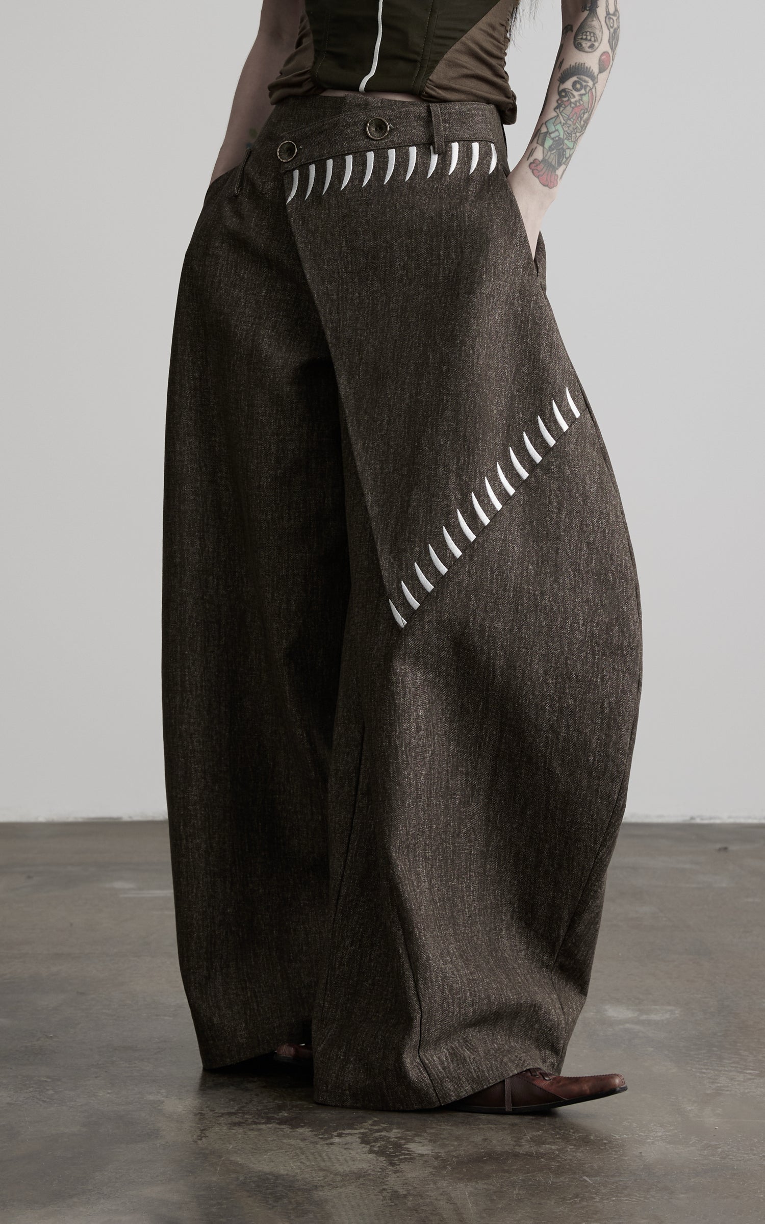 DOINDULGE Asymmetric Overlay Embroidered Wide Leg Pants