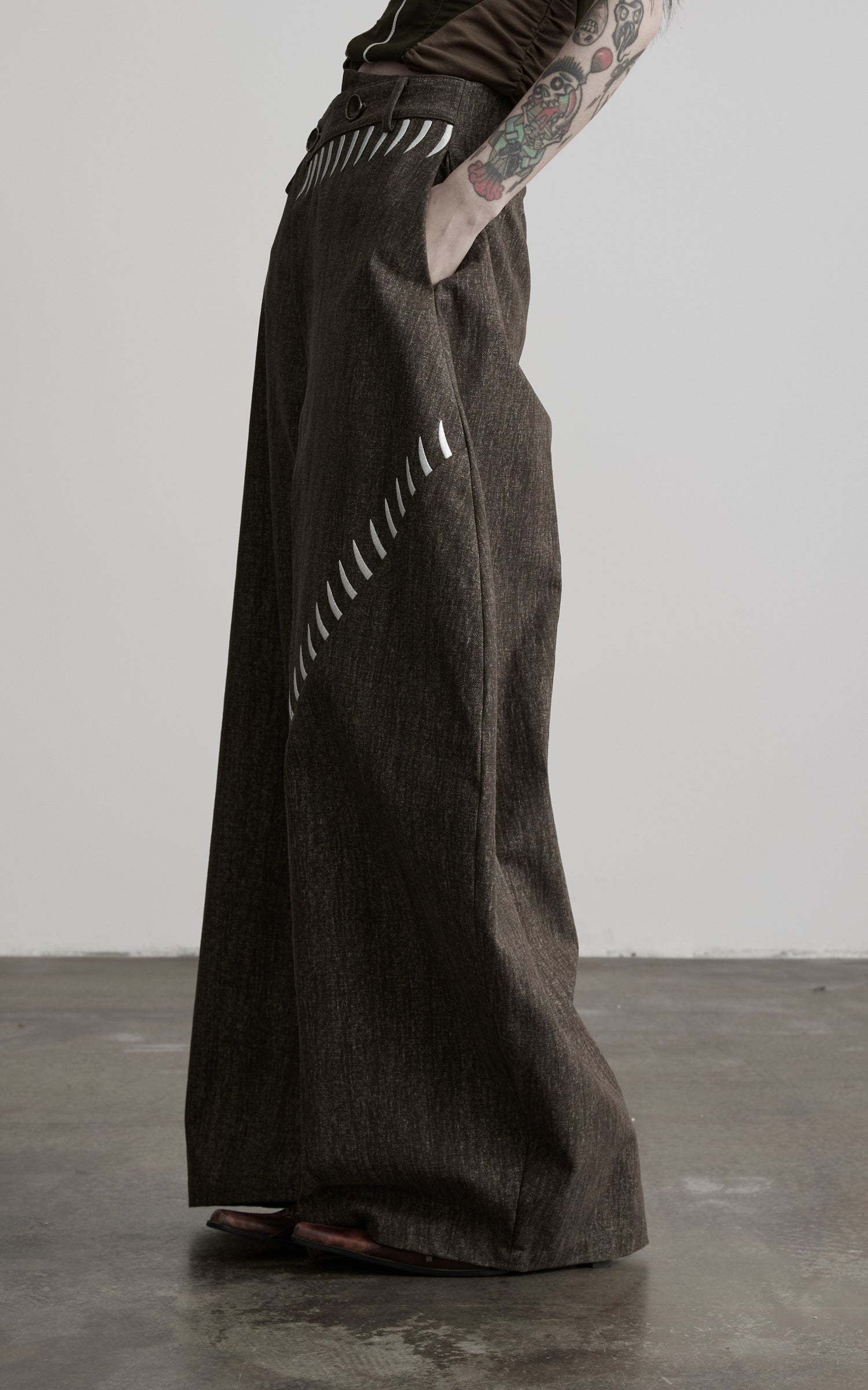 DOINDULGE Asymmetric Overlay Embroidered Wide Leg Pants