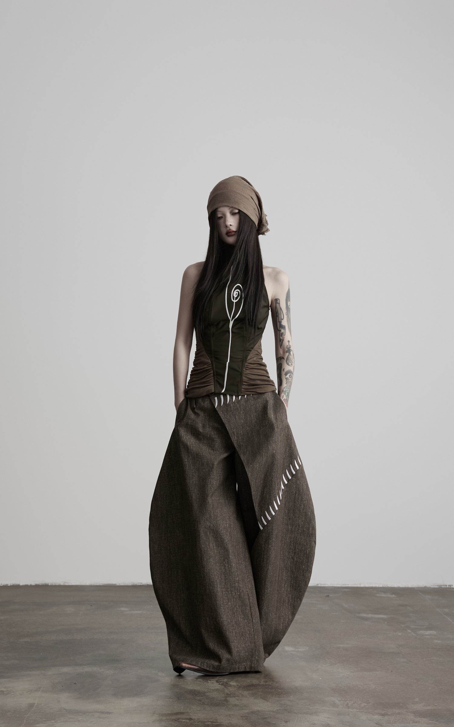 DOINDULGE Asymmetric Overlay Embroidered Wide Leg Pants