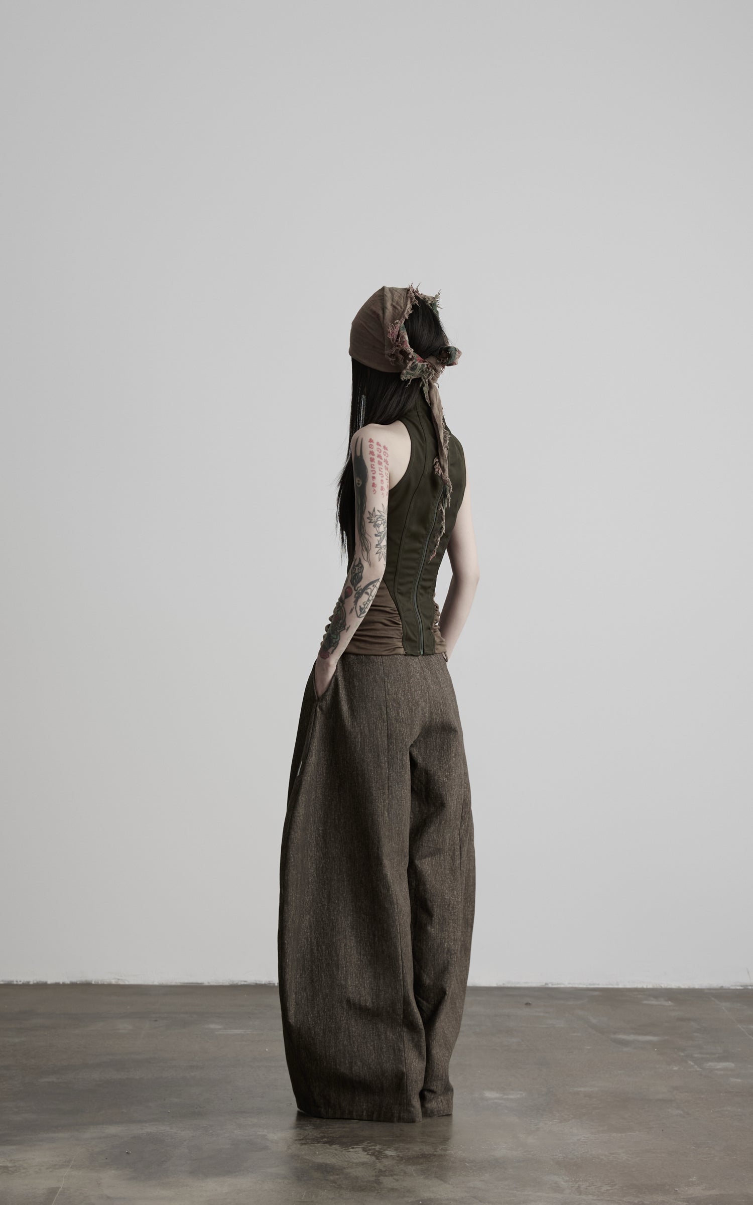 DOINDULGE Asymmetric Overlay Embroidered Wide Leg Pants