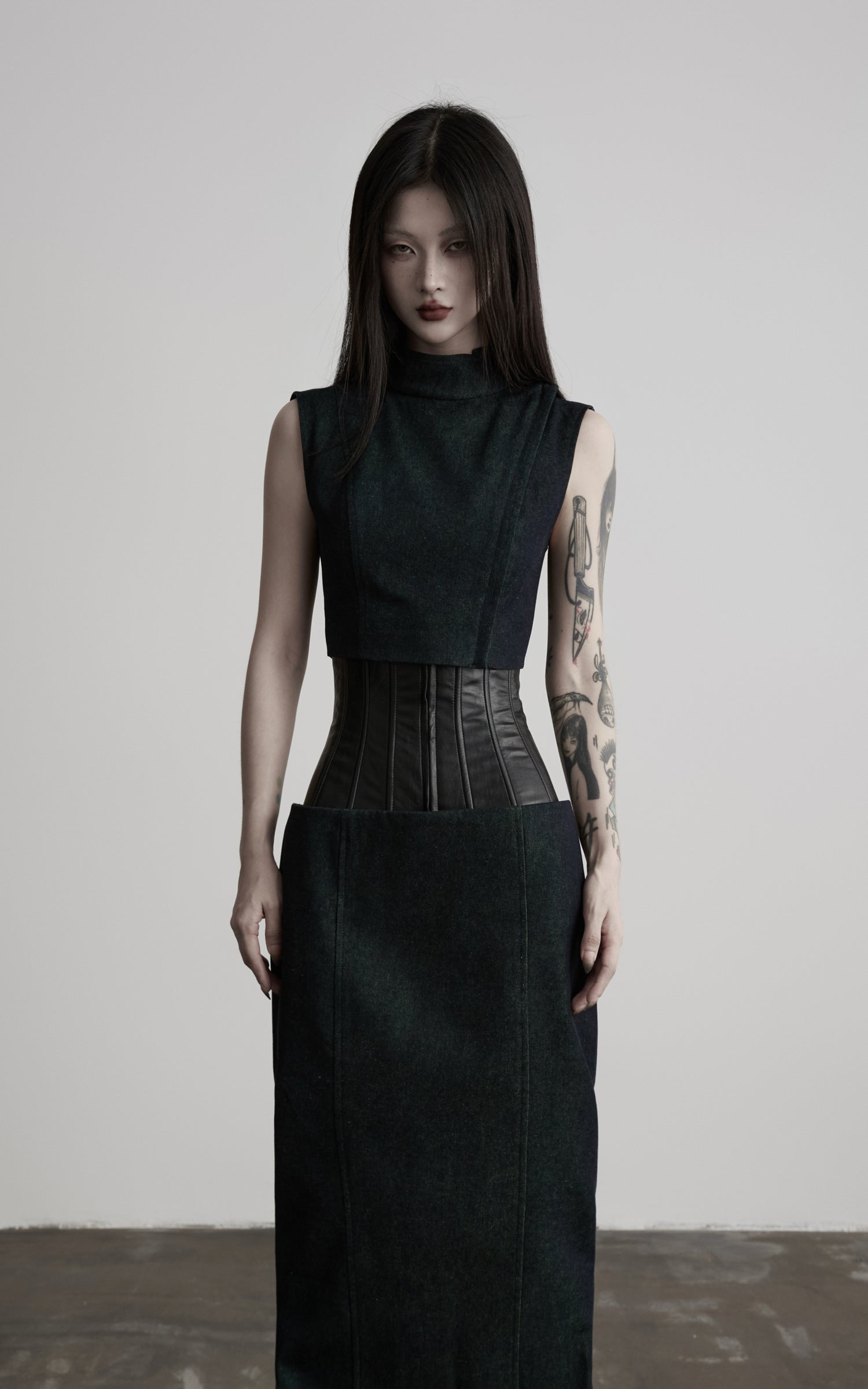 DOINDULGE Mock Neck Vest Corset Maxi Skirt Three-Piece Set