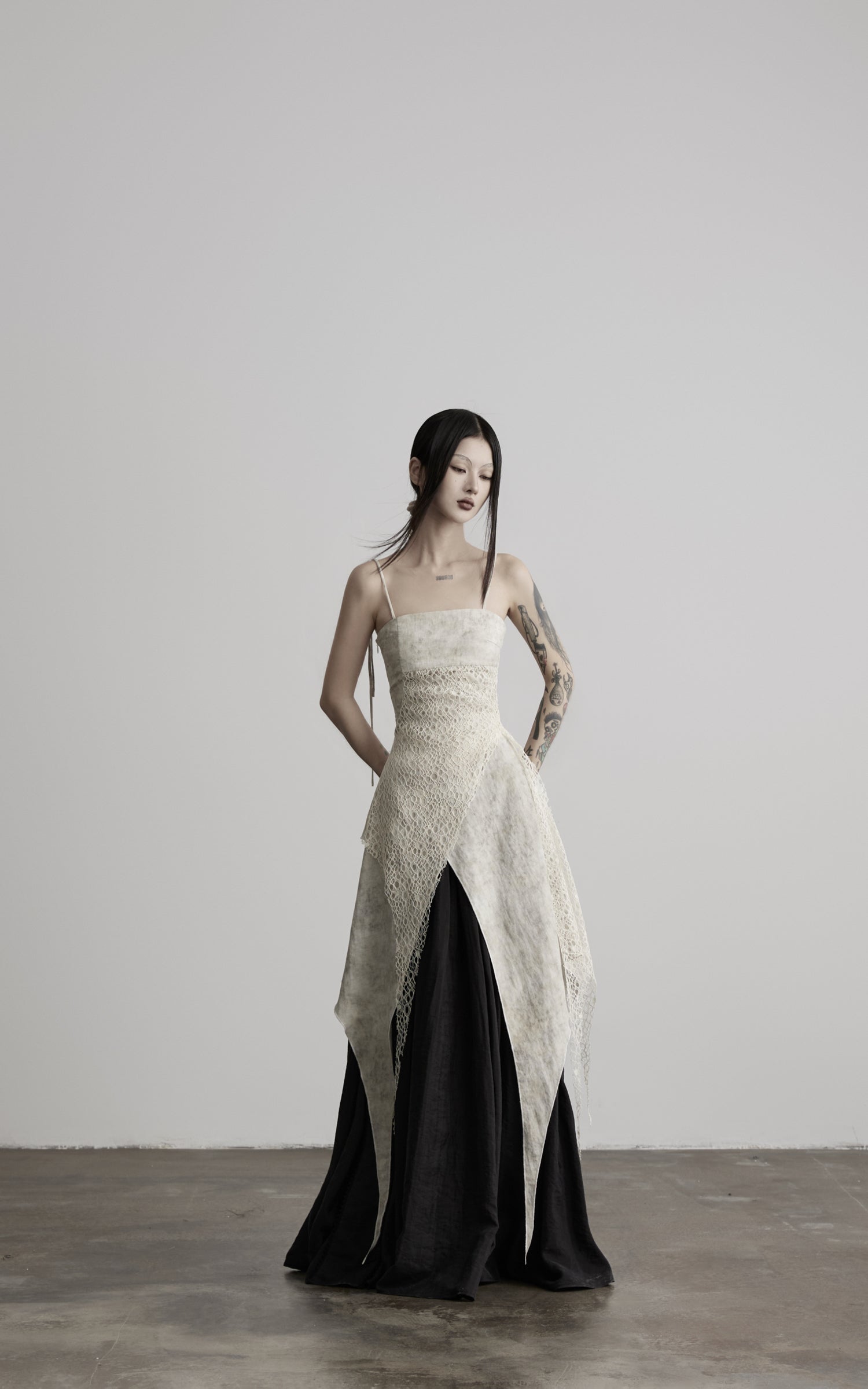 DOINDULGE Square Neck Lace Panel Asymmetric Cami Dress