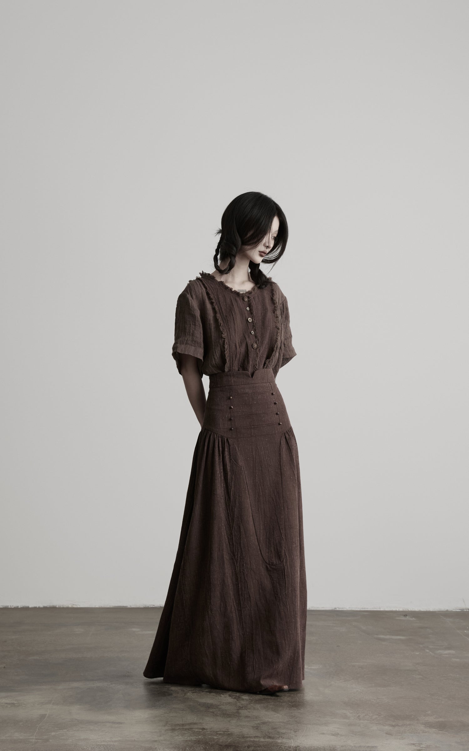 <tc>DOINDULGE</tc> Jupe longue à panneaux froncés taille haute