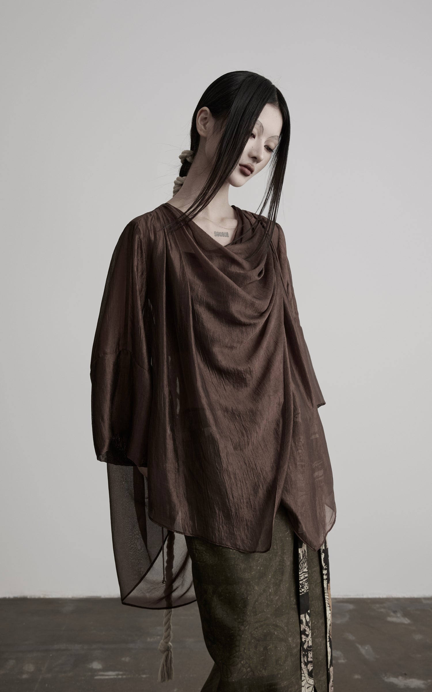 DOINDULGE Cowl Neck Sheer Two-Piece Blouse