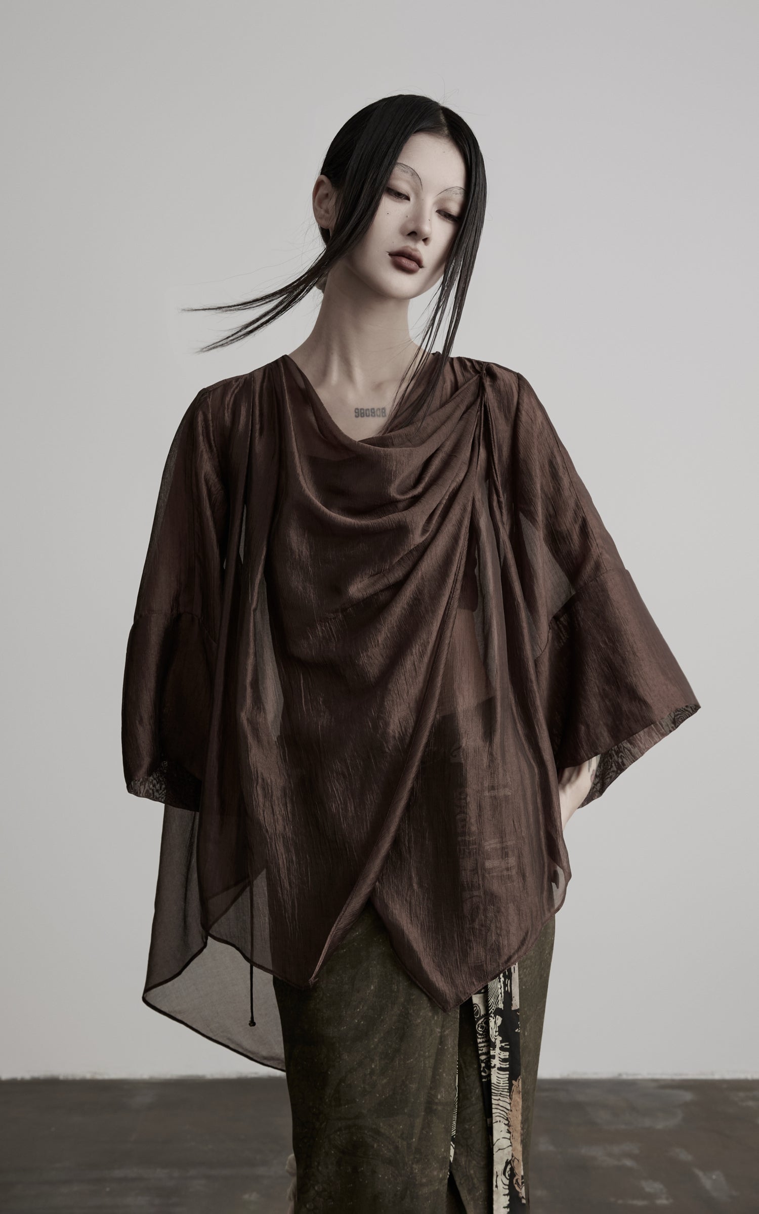 DOINDULGE Cowl Neck Sheer Two-Piece Blouse