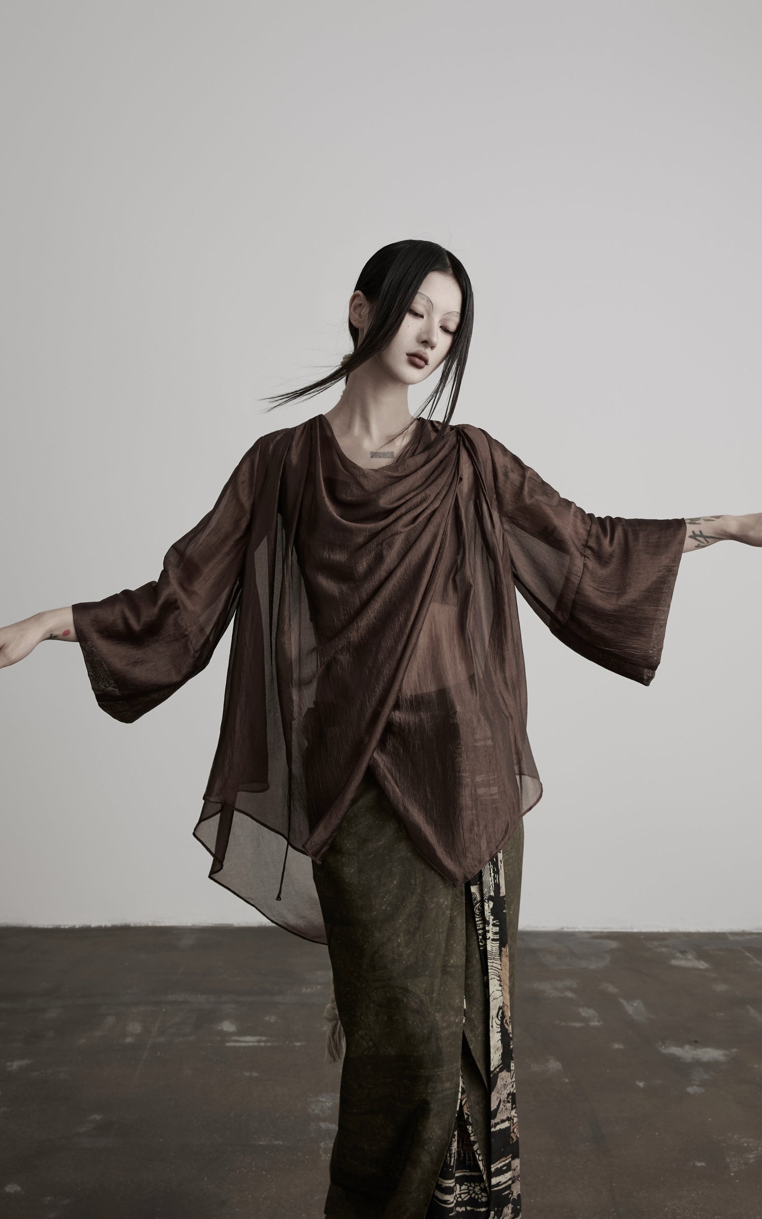 DOINDULGE Cowl Neck Sheer Two-Piece Blouse
