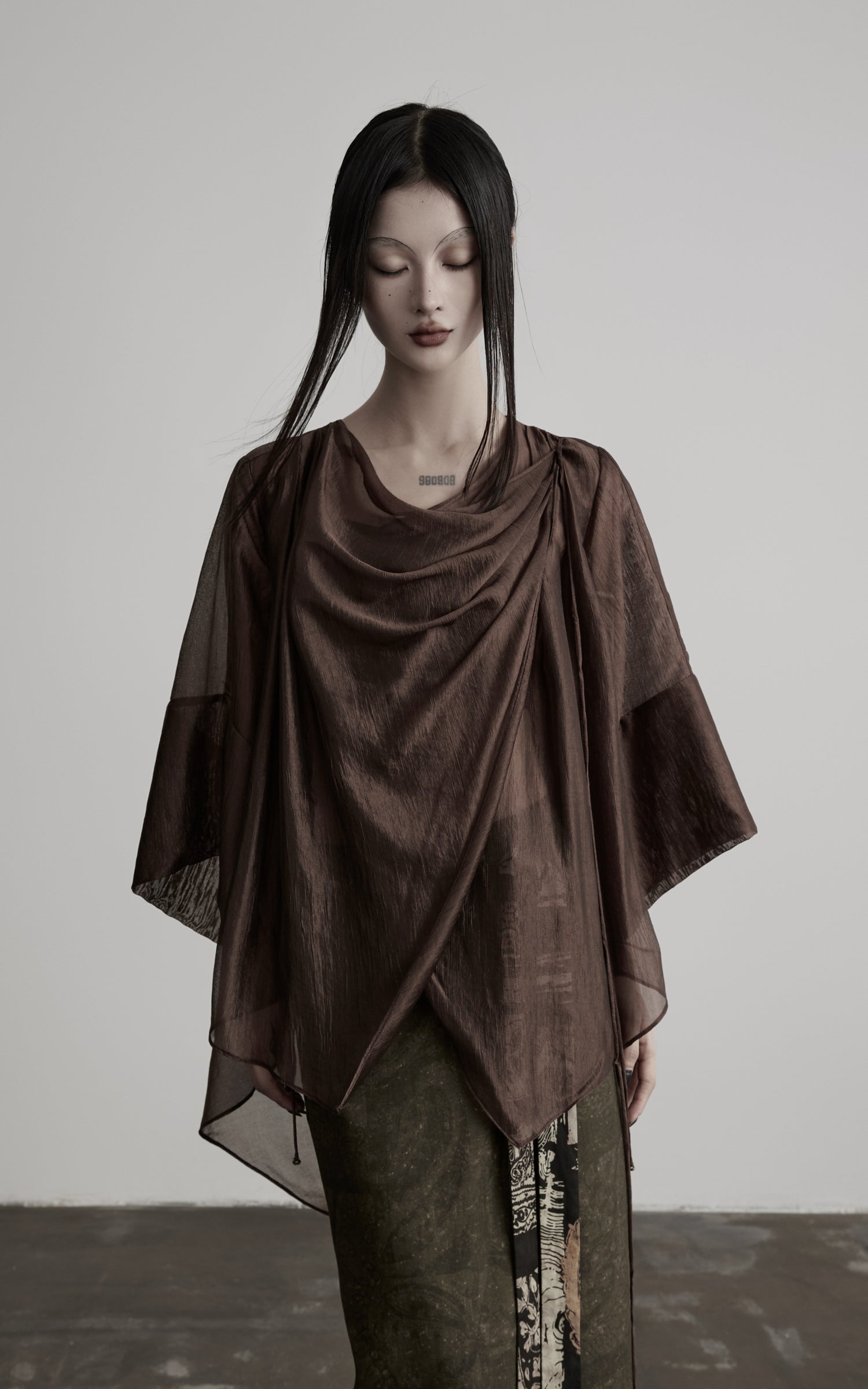 DOINDULGE Cowl Neck Sheer Two-Piece Blouse