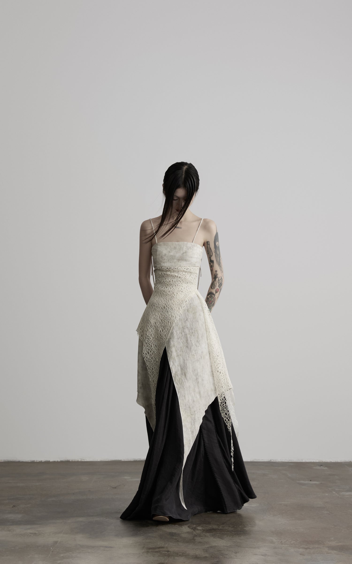 DOINDULGE Square Neck Lace Panel Asymmetric Cami Dress