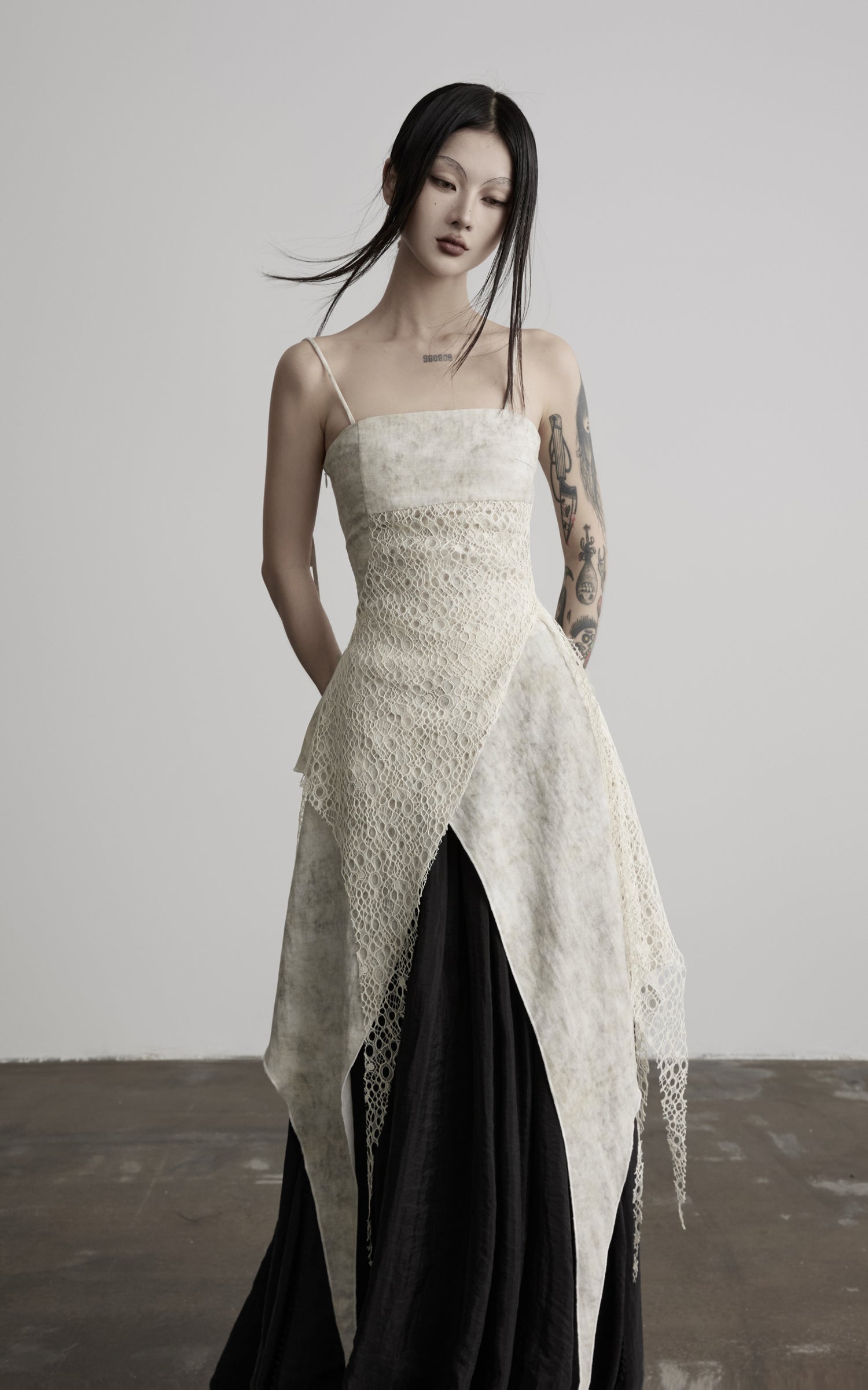 DOINDULGE Square Neck Lace Panel Asymmetric Cami Dress