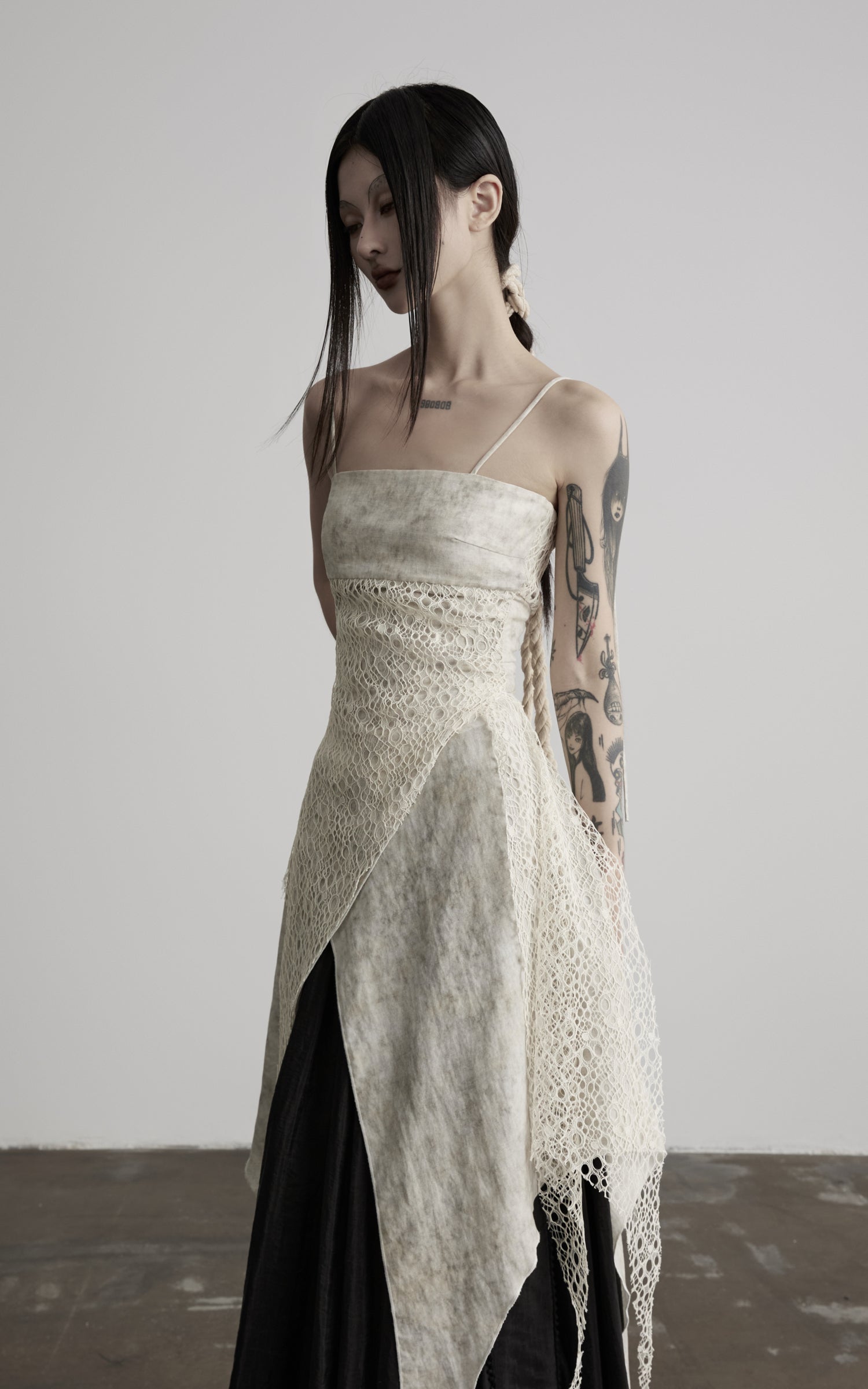 DOINDULGE Square Neck Lace Panel Asymmetric Cami Dress
