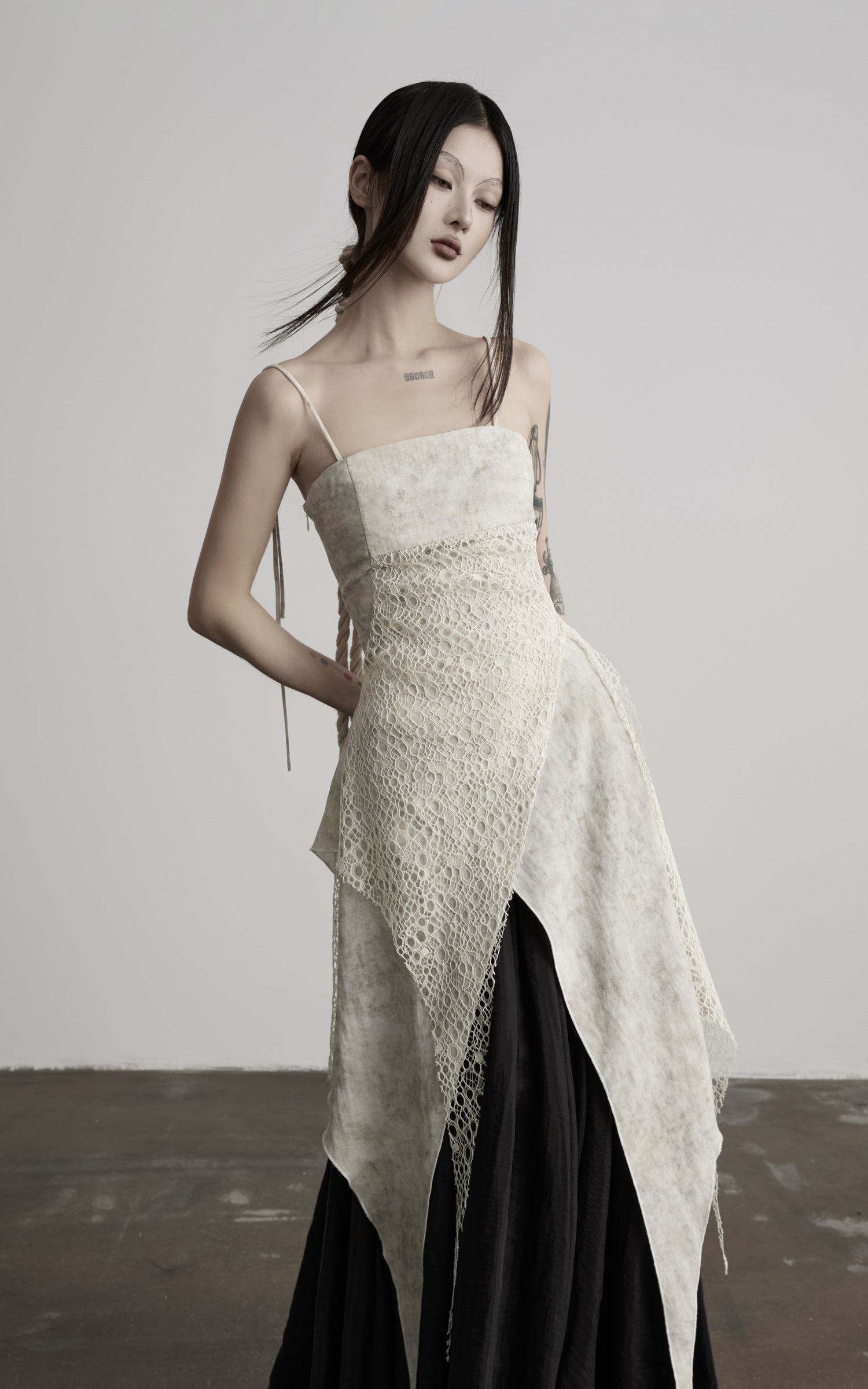 DOINDULGE Square Neck Lace Panel Asymmetric Cami Dress