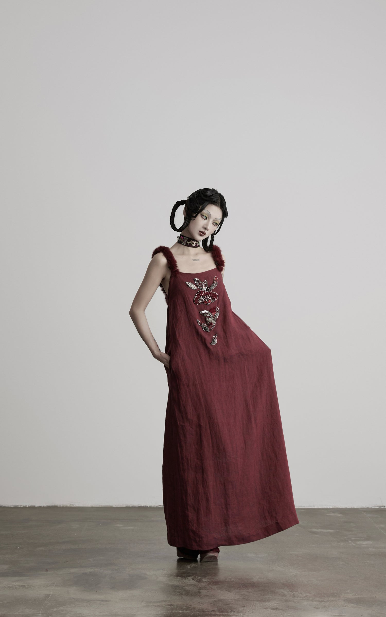 DOINDULGE Hand-Beaded Linen Strap Maxi Dress