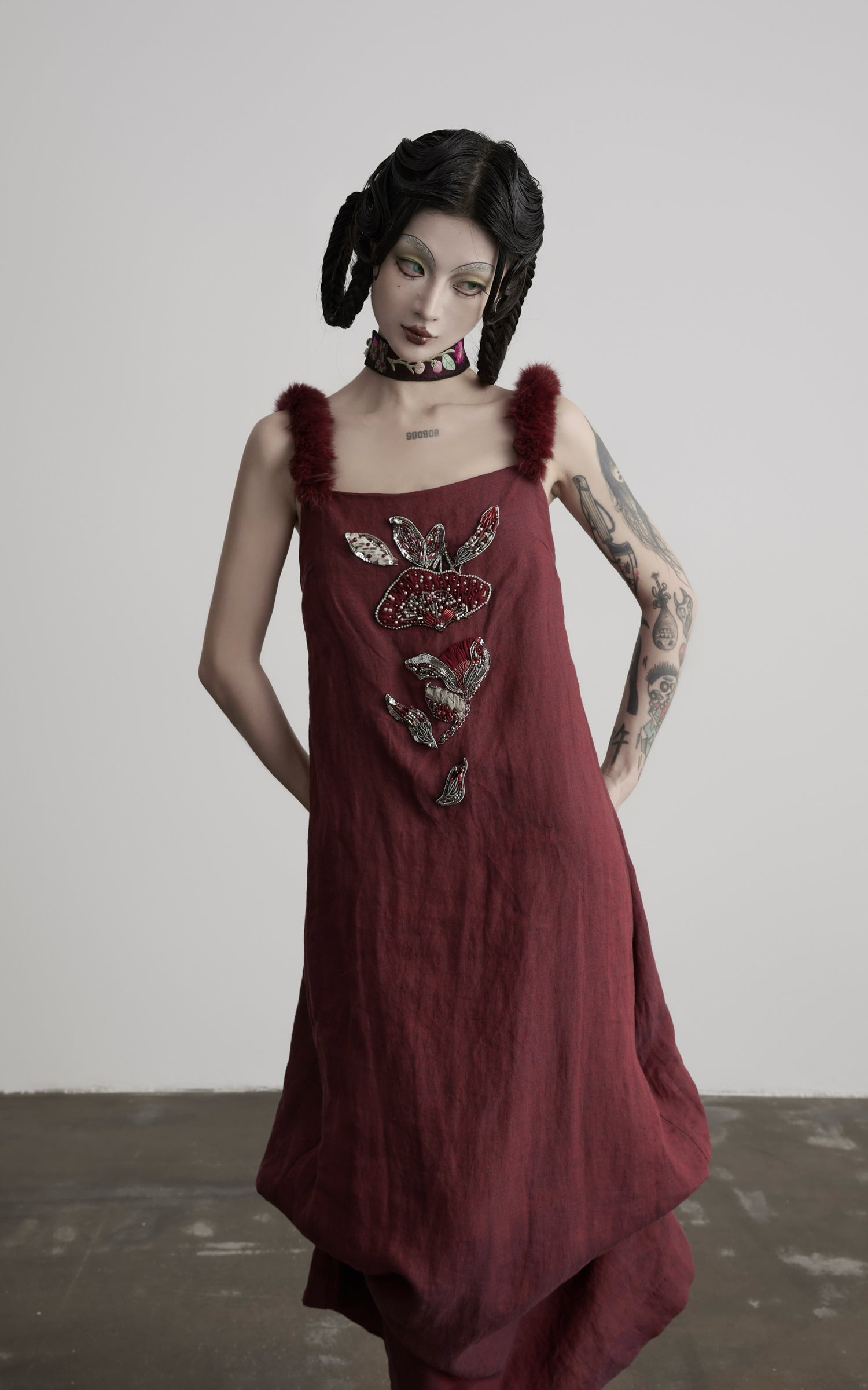 DOINDULGE Hand-Beaded Linen Strap Maxi Dress
