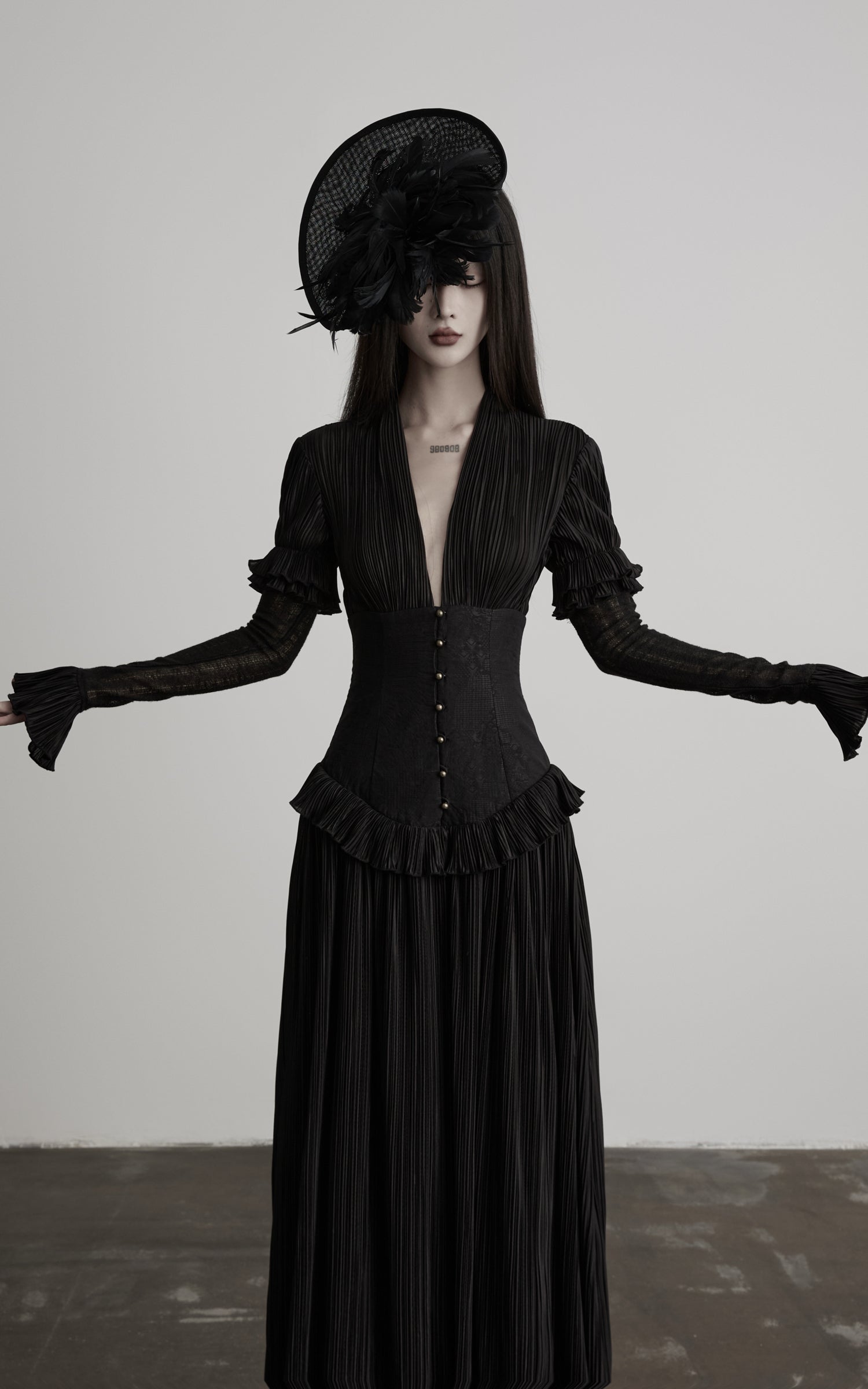 DOINDULGE Deep V Corset Waist Pleated Maxi Dress