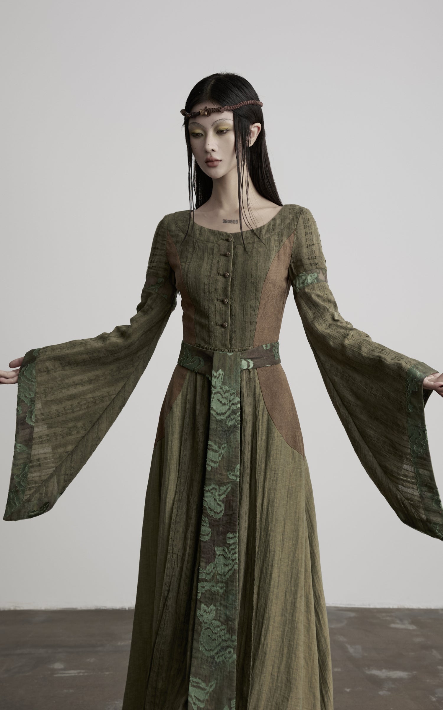DOINDULGE Patchwork Bell Sleeve Belted Maxi Dress