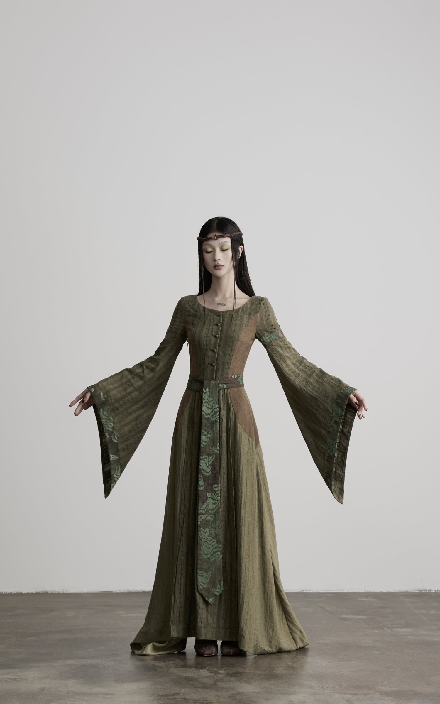 DOINDULGE Patchwork Bell Sleeve Belted Maxi Dress