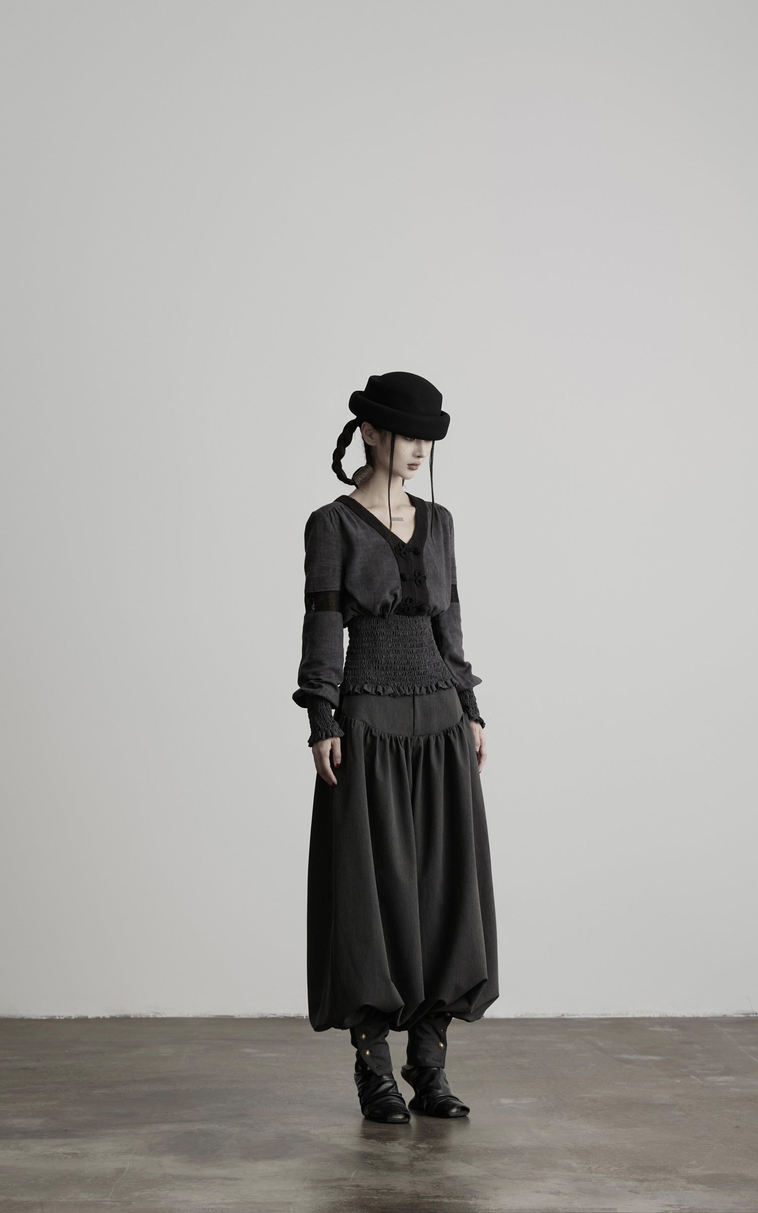 DOINDULGE V-Neck Smocked-Waist Long-Sleeve Blouse
