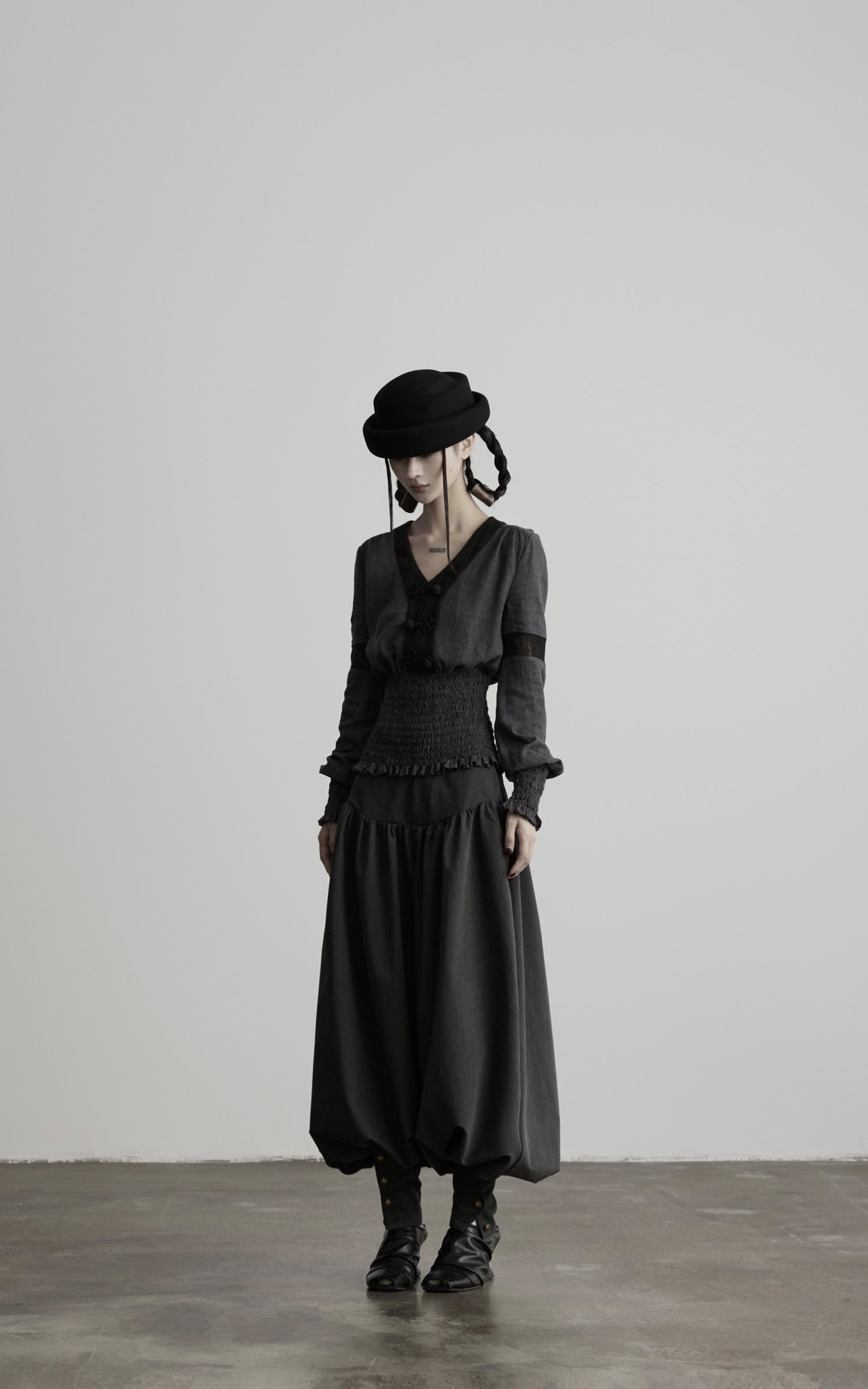 DOINDULGE V-Neck Smocked-Waist Long-Sleeve Blouse