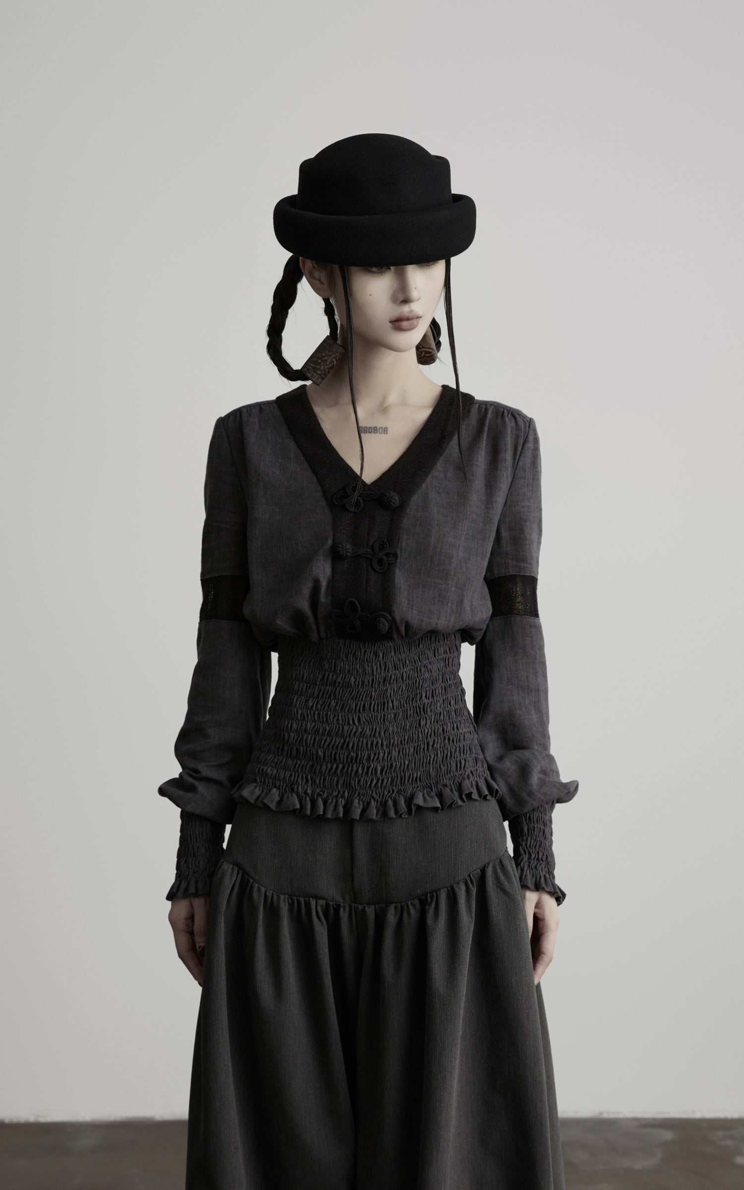 DOINDULGE V-Neck Smocked-Waist Long-Sleeve Blouse