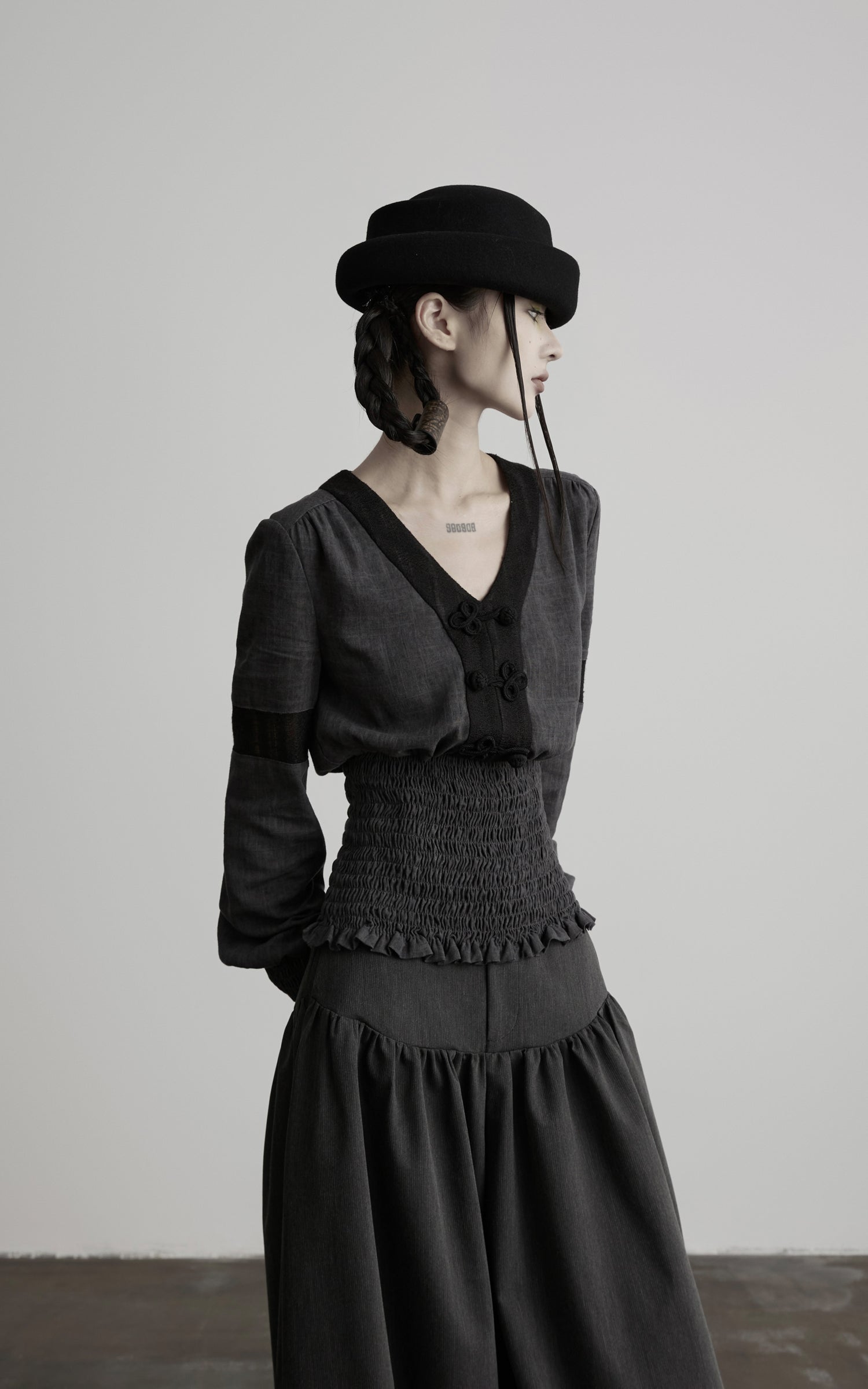 DOINDULGE V-Neck Smocked-Waist Long-Sleeve Blouse