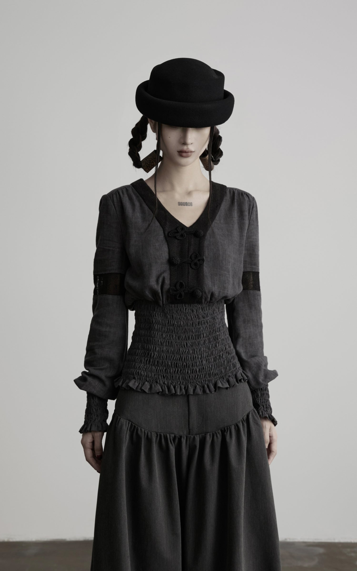 DOINDULGE V-Neck Smocked-Waist Long-Sleeve Blouse
