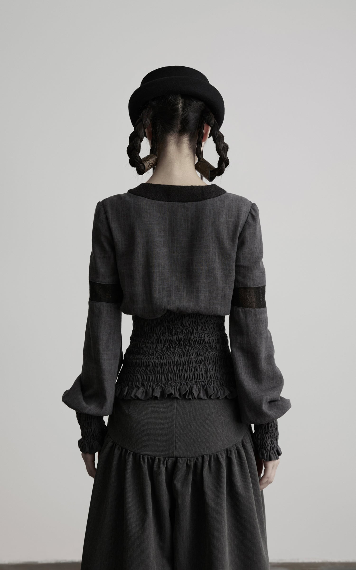 DOINDULGE V-Neck Smocked-Waist Long-Sleeve Blouse